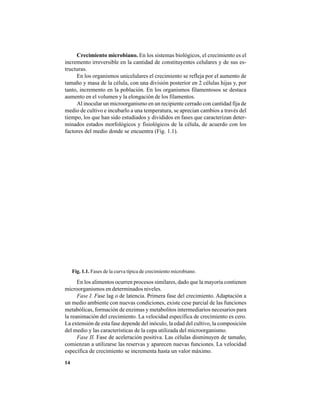 14
Crecimiento microbiano. En los sistemas biológicos, el crecimiento es el
incremento irreversible en la cantidad de constituyentes celulares y de sus es-
tructuras.
En los organismos unicelulares el crecimiento se refleja por el aumento de
tamaño y masa de la célula, con una división posterior en 2 células hijas y, por
tanto, incremento en la población. En los organismos filamentosos se destaca
aumento en el volumen y la elongación de los filamentos.
Al inocular un microorganismo en un recipiente cerrado con cantidad fija de
medio de cultivo e incubarlo a una temperatura, se aprecian cambios a través del
tiempo, los que han sido estudiados y divididos en fases que caracterizan deter-
minados estados morfológicos y fisiológicos de la célula, de acuerdo con los
factores del medio donde se encuentra (Fig. 1.1).
En los alimentos ocurren procesos similares, dado que la mayoría contienen
microorganismos en determinados niveles.
Fase I. Fase lag o de latencia. Primera fase del crecimiento. Adaptación a
un medio ambiente con nuevas condiciones, existe cese parcial de las funciones
metabólicas, formación de enzimas y metabolitos intermediarios necesarios para
la reanimación del crecimiento. La velocidad específica de crecimiento es cero.
La extensión de esta fase depende del inóculo, la edad del cultivo, la composición
del medio y las características de la cepa utilizada del microorganismo.
Fase II. Fase de aceleración positiva. Las células disminuyen de tamaño,
comienzan a utilizarse las reservas y aparecen nuevas funciones. La velocidad
específica de crecimiento se incrementa hasta un valor máximo.
Fig. 1.1. Fases de la curva típica de crecimiento microbiano.
 