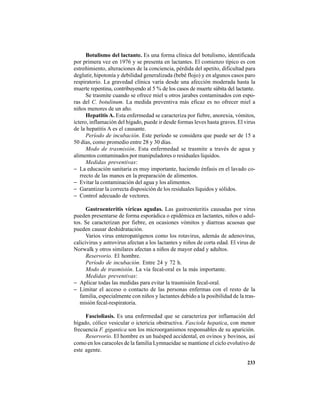 233
Botulismo del lactante. Es una forma clínica del botulismo, identificada
por primera vez en 1976 y se presenta en lactantes. El comienzo típico es con
estreñimiento, alteraciones de la conciencia, pérdida del apetito, dificultad para
deglutir, hipotonía y debilidad generalizada (bebé flojo) y en algunos casos paro
respiratorio. La gravedad clínica varía desde una afección moderada hasta la
muerte repentina, contribuyendo al 5 % de los casos de muerte súbita del lactante.
Se trasmite cuando se ofrece miel u otros jarabes contaminados con espo-
ras del C. botulinum. La medida preventiva más eficaz es no ofrecer miel a
niños menores de un año.
Hepatitis A. Esta enfermedad se caracteriza por fiebre, anorexia, vómitos,
íctero, inflamación del hígado, puede ir desde formas leves hasta graves. El virus
de la hepatitis A es el causante.
Período de incubación. Este período se considera que puede ser de 15 a
50 días, como promedio entre 28 y 30 días.
Modo de trasmisión. Esta enfermedad se trasmite a través de agua y
alimentos contaminados por manipuladores o residuales líquidos.
Medidas preventivas:
− La educación sanitaria es muy importante, haciendo énfasis en el lavado co-
rrecto de las manos en la preparación de alimentos.
− Evitar la contaminación del agua y los alimentos.
− Garantizar la correcta disposición de los residuales líquidos y sólidos.
− Control adecuado de vectores.
Gastroenteritis víricas agudas. Las gastroenteritis causadas por virus
pueden presentarse de forma esporádica o epidémica en lactantes, niños o adul-
tos. Se caracterizan por fiebre, en ocasiones vómitos y diarreas acuosas que
pueden causar deshidratación.
Varios virus enteropatógenos como los rotavirus, además de adenovirus,
calicivirus y astrovirus afectan a los lactantes y niños de corta edad. El virus de
Norwalk y otros similares afectan a niños de mayor edad y adultos.
Reservorio. El hombre.
Período de incubación. Entre 24 y 72 h.
Modo de trasmisión. La vía fecal-oral es la más importante.
Medidas preventivas:
− Aplicar todas las medidas para evitar la trasmisión fecal-oral.
− Limitar el acceso o contacto de las personas enfermas con el resto de la
familia, especialmente con niños y lactantes debido a la posibilidad de la tras-
misión fecal-respiratoria.
Fascioliasis. Es una enfermedad que se caracteriza por inflamación del
hígado, cólico vesicular o ictericia obstructiva. Fasciola hepatica, con menor
frecuencia F. gigantica son los microorganismos responsables de su aparición.
Reservorio. El hombre es un huésped accidental, en ovinos y bovinos, así
como en los caracoles de la familia Lymnaeidae se mantiene el ciclo evolutivo de
este agente.
 