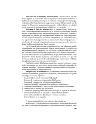 245
Indicación de los exámenes de laboratorio. La selección de los exá-
menes a partir de las muestras tomadas depende de la información obtenida a
partir de la encuesta epidemiológica, en particular síntomas predominantes, pe-
ríodo de incubación y el alimento que presente la mayor diferencia en la tasa de
ataque. Se deberá tener en cuenta otros aspectos epidemiológicos en relación
con la presencia de agentes químicos o biológicos en ese medio.
Diagrama de flujo del alimento. Para la elaboración del “diagrama de
flujo” se deberá primeramente disponer de un formulario que se ha ido llenando
durante los pasos anteriores y donde estén recogidos la fuente de los alimentos e
ingredientes, las personas que participaron en la preparación, los procedimientos
usados, los procesos térmicos precisando la temperatura y el tiempo del mismo,
sus registros, las fuentes potenciales de contaminación durante la preparación y
condiciones de tiempo y temperatura a que estuvieron expuestos los alimentos
desde su elaboración hasta que fueron servidos.
Las fórmulas de alimentos que posean ingredientes que indiquen la posible
contaminación por el agente probable deberán ser chequeadas en relación con
los posibles factores de contaminación, supervivencia y proliferación de los agen-
tes. Para cada alimento involucrado y de acuerdo con la información obtenida y
evaluada debe elaborarse un diagrama de flujo, lo que permitirá en muchos casos
precisar los errores durante el proceso. Debe tenerse en cuenta no lo que esté
normado, sino la real operación de los trabajadores que muchas veces modifican
procedimientos que no son los más recomendados.
Toda la información debe llevarse a un gráfico, la que se confirmará a partir
de la conversación con las personas involucradas, mediante la observación de
procesos posteriores (si estos se producen), mediante análisis de alimentos y
según la información de los puntos críticos.
Interpretación de resultados. En todo brote hay comensales que no con-
sumieron y enfermaron, y otros que consumieron y no enfermaron. Esto puede
ocurrir por las razones siguientes:
− Susceptibilidad y estado inmunitario del huésped.
− Consumo de porciones no contaminadas del alimento.
− Consumo de porciones con inóculo o dosis insuficiente.
− Existencia de posible contaminación cruzada entre los alimentos.
− Utensilios contaminados por servir en ellos otros alimentos contaminados.
− Personas que no admiten que enfermaron.
− Comensales que por alguna razón quieren participar en el grupo de enfermos.
− Errores en la definición de caso de ETA para el brote en estudio.
− Errores en la identificación del alimento o comida sospechosa.
− Errores técnicos en la encuesta.
El agente responsable del brote puede ser determinado por:
Aislamiento e identificación de microorganismos patógenos de los pacien-
tes, aislar la misma cepa del patógeno de especimenes de varios pacientes, aislar
 