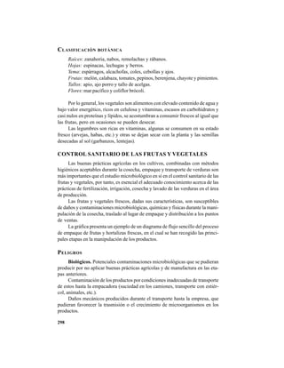 298
CLASIFICACIÓN BOTÁNICA
Raíces: zanahoria, nabos, remolachas y rábanos.
Hojas: espinacas, lechugas y berros.
Yema: espárragos, alcachofas, coles, cebollas y ajos.
Frutas: melón, calabaza, tomates, pepinos, berenjena, chayote y pimientos.
Tallos: apio, ajo porro y tallo de acelgas.
Flores: mar pacífico y coliflor brócoli.
Por lo general, los vegetales son alimentos con elevado contenido de agua y
bajo valor energético, ricos en celulosa y vitaminas, escasos en carbohidratos y
casi nulos en proteínas y lípidos, se acostumbran a consumir frescos al igual que
las frutas, pero en ocasiones se pueden desecar.
Las legumbres son ricas en vitaminas, algunas se consumen en su estado
fresco (arvejas, habas, etc.) y otras se dejan secar con la planta y las semillas
desecadas al sol (garbanzos, lentejas).
CONTROL SANITARIO DE LAS FRUTAS Y VEGETALES
Las buenas prácticas agrícolas en los cultivos, combinadas con métodos
higiénicos aceptables durante la cosecha, empaque y transporte de verduras son
más importantes que el estudio microbiológico en sí en el control sanitario de las
frutas y vegetales, por tanto, es esencial el adecuado conocimiento acerca de las
prácticas de fertilización, irrigación, cosecha y lavado de las verduras en el área
de producción.
Las frutas y vegetales frescos, dadas sus características, son susceptibles
de daños y contaminaciones microbiológicas, químicas y físicas durante la mani-
pulación de la cosecha, traslado al lugar de empaque y distribución a los puntos
de ventas.
La gráfica presenta un ejemplo de un diagrama de flujo sencillo del proceso
de empaque de frutas y hortalizas frescas, en el cual se han recogido las princi-
pales etapas en la manipulación de los productos.
PELIGROS
Biológicos. Potenciales contaminaciones microbiológicas que se pudieran
producir por no aplicar buenas prácticas agrícolas y de manufactura en las eta-
pas anteriores.
Contaminación de los productos por condiciones inadecuadas de transporte
de estos hasta la empacadora (suciedad en los camiones, transporte con estiér-
col, animales, etc.).
Daños mecánicos producidos durante el transporte hasta la empresa, que
pudieran favorecer la trasmisión o el crecimiento de microorganismos en los
productos.
 