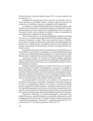 36
término de horas y la tasa de letalidad excede el 50 %, en casos tratados la tasa
es menor que 1 %.
Antiguamente se pensaba que el único reservorio era el hombre, observa-
ciones recientes en los Estados Unidos y Australia sugieren la presencia de
reservorios en el ambiente, al parecer en copépodos u otro zooplancton.
La trasmisión se realiza fundamentalmente por la ingestión de agua conta-
minada con heces de portadores, ingestión de alimentos no refrigerados contami-
nados por agua sucia, heces, manos sucias o posiblemente moscas. La ingestión
de mariscos crudos o mal cocinados provenientes de aguas contaminadas ha
ocasionado brotes y epidemias en diversos lugares.
Vibrio parahaemolyticus. Es una bacteria patógena miembro de la familia
Vibrionaceae, se considera la principal causante de enfermedad asociada con el
consumo de alimentos en Japón. Tiene como característica que es halofílica,
pues requiere de cloruro de sodio para su crecimiento, esta cualidad guarda con-
gruencia con su hábitat marino. Los alimentos marinos son los vehículos más
comunes para producir la enfermedad que consiste en una gastroenteritis mo-
derada a severa.
Su patogenicidad está asociada con la producción de una hemolisina que es
termoestable, es letal, citotóxica y cardiopática. La termoestabilidad de la toxina
es tal que su actividad biológica puede mantenerse a niveles de riesgo de la salud
humana, bajo las condiciones de cocción de alimentos marinos como el camarón.
Aeromonas hydrophila. Se considera una bacteria patógena participante
en las ETA, debido a las infecciones que provoca en individuos inmunodeficientes,
también puede afectar personas sanas, por su capacidad para producir toxinas y
otros factores de virulencia.
El género Aeromonas pertenecía a la familia Vibrionaceae, en la actuali-
dad está ubicada en la familia Aeromonadaceae. Aeromonas no es halófila, es
ubicua del ambiente acuático principalmente de aguas dulces; A. hydrophila es
resistente al bióxido de carbono, por lo cual constituye un microorganismo impor-
tante para la industria de los alimentos. Es móvil y la producción de gas es depen-
diente de la temperatura. El microorganismo muestra amplia prevalencia en casi
todos los alimentos crudos, tanto de origen animal como vegetal.
La patogenicidad de Aeromonas se ha atribuido a la producción de
endotoxinas, enterotoxinas extracelulares, hemolisinas, citotoxinas y proteasas,
así como a la capacidad para adherirse a las células y la posesión de algunas
proteínas superficiales. Muchas cepas de A. hydrophila son psicrótrofas y mues-
tran capacidad para producir enterotoxinas y hemolisinas a temperatura de refri-
geración. Esta característica ha sugerido que la ingestión de la toxina preformada
en los alimentos también puede causar enfermedad gastrointestinal en los humanos.
Plesiomonas shigelloides. Es un bacilo gramnegativo, forma parte de la
familia Vibrionaceae, anaerobio facultativo, no esporulado, oxidasa positiva, móvil
con flagelo lofotrico (provista de 2 a 5 flagelos), algunos células son monotricas,
se desarrolla con temperatura mínima de 8 °C, temperatura óptima de 30 a 37 °C
y máxima de 44 °C, la tolerancia máxima de NaCl es de 5 %.
 