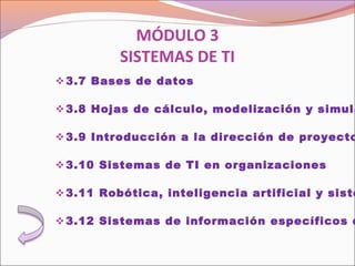 MÓDULO 3
SISTEMAS DE TI
3.7 Bases de datos
 
3.8 Hojas de cálculo, modelización y simula
 
3.9 Introducción a la dirección de proyecto
 
3.10 Sistemas de TI en organizaciones
 
3.11 Robótica, inteligencia artificial y siste
 
3.12 Sistemas de información específicos d
 
