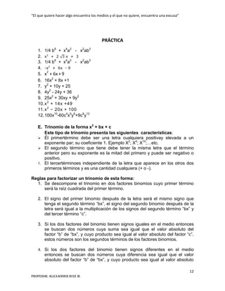 “El que quiere hacer algo encuentra los medios y el que no quiere, encuentra una excusa”
12
Profesor: Alexander Ruiz M.
PRÁCTICA
1. 1/4 b6
+ x4
a2
- x2
ab3
2. x2
+ 2 x + 3
3. 1/4 b6
+ x4
a2
- x2
ab3
4. -x2
+ 6x - 9
5. x2
+ 6x +9
6. 16x2
+ 8x +1
7. y2
+ 10y + 25
8. 4y2
- 24y + 36
9. 25x2
+ 30xy + 9y2
10.x2
+ 14x +49
11.x2
− 20x + 100
12.100x10
-60c4
x5
y6
+9c8
y12
E. Trinomio de la forma x2
+ bx + c
Este tipo de trinomio presenta las siguientes características:
 Él primertérmino debe ser una letra cualquiera positivay elevada a un
exponente par; su coeficiente 1. Ejemplo X2
; X4
; X10
;…etc.
 El segundo término que tiene debe tener la misma letra que el término
anterior pero su exponente es la mitad del primero y puede ser negativo o
positivo.
1. El tercertérminoes independiente de la letra que aparece en los otros dos
primeros términos y es una cantidad cualquiera (+ o -).
Reglas para factorizar un trinomio de esta forma:
1. Se descompone el trinomio en dos factores binomios cuyo primer término
será la raíz cuadrada del primer término.
2. El signo del primer binomio después de la letra será el mismo signo que
tenga el segundo término “bx”, el signo del segundo binomio después de la
letra será igual a la multiplicación de los signos del segundo término “bx” y
del tercer término “c”.
3. Si los dos factores del binomio tienen signos iguales en el medio entonces
se buscan dos números cuya suma sea igual que el valor absoluto del
factor “b” de “bx”, y cuyo producto sea igual al valor absoluto del factor “c”,
estos números son los segundos términos de los factores binomios.
4. Si los dos factores del binomio tienen signos diferentes en el medio
entonces se buscan dos números cuya diferencia sea igual que el valor
absoluto del factor “b” de “bx”, y cuyo producto sea igual al valor absoluto
 