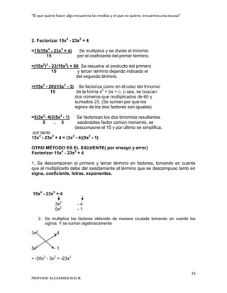 “El que quiere hacer algo encuentra los medios y el que no quiere, encuentra una excusa”
16
Profesor: Alexander Ruiz M.
2. Factorizar 15x4
- 23x2
+ 4
=15(15x4
- 23x2
+ 4) Se multiplica y se divide el trinomio
15 por el coeficiente del primer término.
=(15x2
)2
- 23(15x2
) + 60 Se resuelve el producto del primero
15 y tercer término dejando indicado el
del segundo término.
=(15x2
- 20)(15x2
- 3) Se factoriza como en el caso del trinomio
15 de la forma x2
+ bx + c, o sea, se buscan
dos números que multiplicados de 60 y
sumados 23. (Se suman por que los
signos de los dos factores son iguales)
=5(3x2
- 4)3(5x2
- 1) Se factorizan los dos binomios resultantes
5 . 3 sacándoles factor común monomio, se
descompone el 15 y por último se simplifica.
por tanto
15x4
- 23x2
+ 4 = (3x2
- 4)(5x2
- 1)
OTRO MÉTODO ES EL SIGUIENTE( por ensayo y error)
Factorizar 15x4
- 23x2
+ 4
1. Se descomponen el primero y tercer término en factores, tomando en cuenta
que al multiplicarlo debe dar exactamente al término que se descompuso tanto en
signo, coeficiente, letras, exponentes.
15x4
- 23x2
+ 4
3x2
- 4
5x2
- 1
2. Se multiplica los factores obtenido de manera cruzada tomando en cuenta los
signos. Y se suman algebraicamente
3x2
- 4
5x2
- 1
= -20x2
- 3x2
= -23x2
 