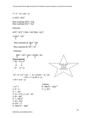 “El que quiere hacer algo encuentra los medios y el que no quiere, encuentra una excusa”
18
Profesor: Alexander Ruiz M.
x2
- y2
= (x + y)(x - y)
2. 4a2
b2
- 9x2
y4
Raíz cuadrada 4a2
b2
= 2ab
Raíz cuadrada 9x2
y4
= 3xy2
Entonces
4a2
b2
- 9x2
y4
= (2ab + 3xy2
)(2ab - 3xy2
)
3. 25m2
- 16n2
4
Raíz cuadrada de 25m2
= 5m
4 2
Raíz cuadrada de 16n2
= 4n
Entonces:
25m2
- 16n2
= (5m + 4n)(5m - 4n)
4 2 2
Caso especial
1. 4x2
– (x + y)2
2x (x + y)
4x2
– (x + y)2
= (2x + (x + y)) ((2x - (x + y))
= (2x + x + y) (2x -x - y)
= (3x + y) (x – y)
Práctica
1. m2
-1 10. 196x2
y4
– 225z12
2. d2
– 4 11. – 9m2
3. 1 – 4m2
4. 16 – n2
12. ( x –y)2
– 4z2
5. 25 – 36x2
6. 1 – 49x2
y2
7. 4x2
– 81y4
8. m2
k8
– c4
9. 100m2
n4
– 169y6
Recuerda extraer
la rices del
minuendo
ydelsustraendo
 
