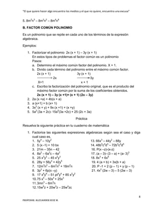 “El que quiere hacer algo encuentra los medios y el que no quiere, encuentra una excusa”
8
Profesor: Alexander Ruiz M.
5. 8m2
n3
– 8m2
n2
– 8m4
n6
B. FACTOR COMÚN POLINOMIO
Es un polinomio que se repite en cada uno de los términos de la expresión
algebraica.
Ejemplos:
1. Factorizar el polinomio 2x (x + 1) – 3y (x + 1)
En estos tipos de problemas el factor común es un polinomio
Pasos:
a. Determino el máximo común factor del polinomio. X + 1.
b. Divido cada término del polinomio entre el máximo común factor.
2x (x + 1) 3y (x + 1)
= 2x = 3y
X+1 x + 1
c. Escribo la factorización del polinomio original, que es el producto del
máximo factor común por la suma de los coeficientes obtenidos.
2x (x + 1) – 3y (x +1)= (x + 1) (2x – 3y)
2. 2a (x +a) + 4b(x + a)
3. a (x+1) + b (x+ 1)
4. 3x3
(x + y) + 9x (x +1) + (x +y)
5. 5a2
(3a + 2c)- 15a5
(3a +2c) + 25 (2c + 3a)
Práctica
Resuelva la siguiente práctica en tu cuaderno de matemática
1. Factorice las siguientes expresiones algebraicas según sea el caso y diga
cual caso es.
1. 5y4
– 10y2
13. 66x3
– 44y2
– 88y
2. 5 (x -1) + 10 bx 14. 48b5
c4
d3
– 72b3
c4
d5
3. 21m – 35n – 42 16. P(x –z)-(x-z)
4. 8a2
– 6a3
c – 4a2
17. (a – 3)- (3 – a) + (a- 3)3
5. 25 x3
y2
– 45 x2
y3
18. 8x3
+ 6x8
6. 28y + 56y3
+ 42y5
19. 4 (a + b) + 3x(b + a)
7. 12m3
n2
– 6m2
n2
+ 18m2
n 20. P -1 + 2 (p – 1) + y (p – 1)
8. 3p2
+ 6p(x –y) 21. 4x2
(2w – 3) – 5 (2w – 3)
9. 17 x6
y6
– 51 pt4
y4
+ 85 x2
y2
10.75 x5
– 50x4
+ 25x3
11.3mn3
– 6m3
n
12.15w5
z + 20w3
z – 25w4
zc
 