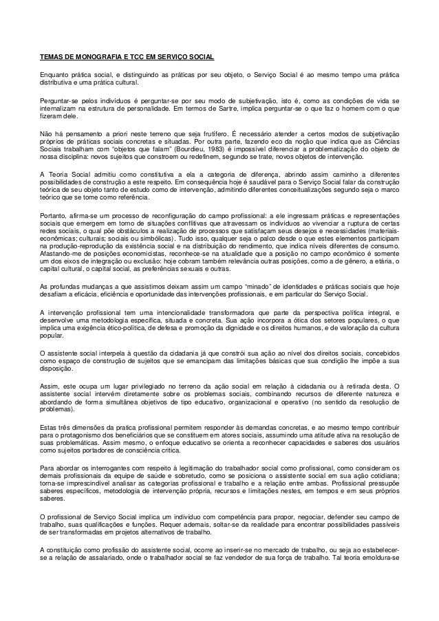 TEMAS DE MONOGRAFIA E TCC EM SERVIÇO SOCIAL- Encontrado na 