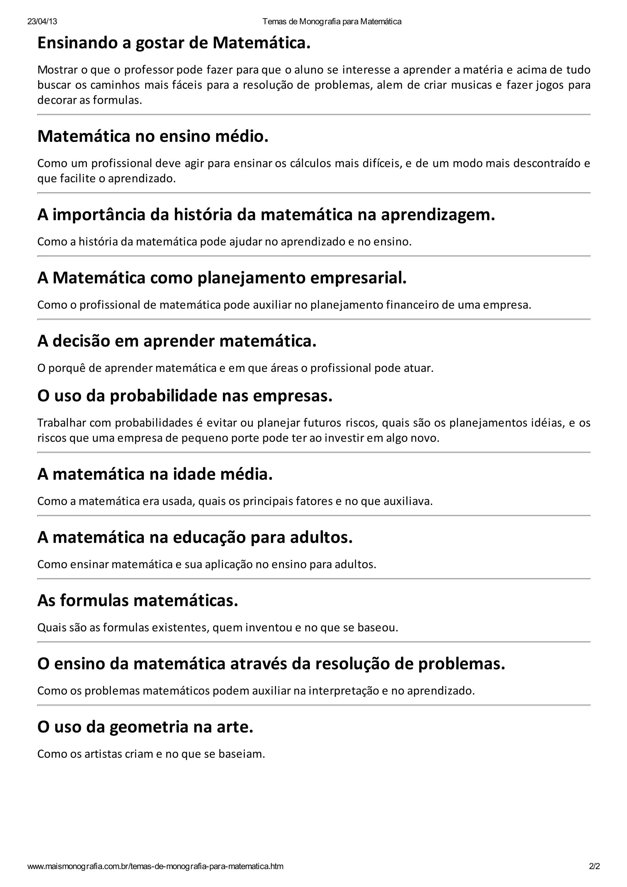 Temas de monografia para matemática na área de ensino | PDF