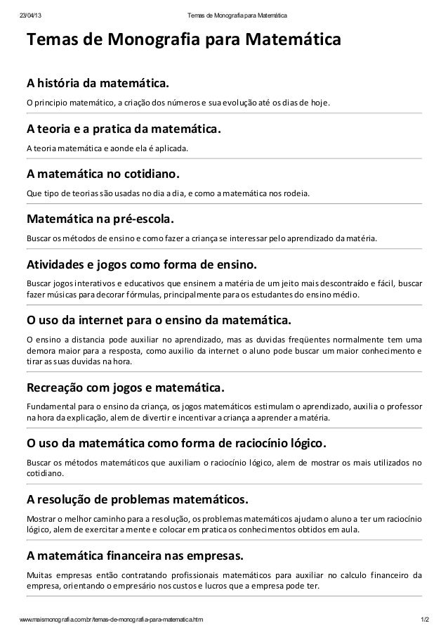 temas de monografia para matem 225 tica na 225 rea de ensino temas de monografia para matem 225 tica na 225 rea de ensino