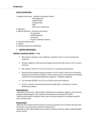 Pediatria I


   Factores Ambientales :

   1- Agentes infecciosos :- Rubéola o sarampión Alemán
                          - Citamegalovirus
                          - Herpes Simple
                          - Toxoplasmosis
                          - Sífilis
                          - Otros virus e Hipertonía
   2- Radiación
   3- Agentes Químicos:- Fármacos y Hormonas
                       - Pro-gestionas
                       - Dietillestilbestrol
                       - Cortisonas
                       -Insulina o Diabetes materna
   4- Carencias Nutricionales
   5- Hipoxia
   5- Sustancias Químicas Ambientales

   •   AGENTES INFECCIOSOS :

Rubéola o Sarampion Alemán : Gregg.

       •   MC oculares: Cataratas, micro-oftalmias; cataratas si la inf. es a las 6 semanas de
           embarazo.

       •   Sordera congénita x destrucción del órgano de Corti del oído interno; si la inf. es las 9
           sememas.

       •   MC cardiacas: PCA, CIV; si la inf. es entre las 5 a 10 semanas de embarazo.

       •   Deformaciones dentales (capa de esmalte), si la inf. se prod. entre las 6 a 9 semanas;
           tambien hay anomalías encefálicas, retraso mental, mas las características fenotípicas
           ( Síndrome de la embripatia Rubeolica congénita o Rubéola congénita)

       •   Las anomalías del SNC si la inf. Es en el 2do trimestre del embarazo.

       •   Si la inf. se prod. en las primeas 8 semanas puede haber : prematurez y muerte
           embrional yo aborto.

   Citomegalovirus :
   - Adquirida en útero prod. : Microcefalias, Calcificaciones cerebrales, Cegueras, Coriorretinitis
   y Hepato-esplenomegalia. El Dx: celulas aumentadas por los cuerpos de inclusión.
   - Mortal cuando afecta al embrión o feto, pero en caso de sobrevivir la meningo-encefalitis
   causa retraso mental.

   Herpes Simple :
   -Adquirida de la madre durante el partir los sintomas aparecen a las 3 semanas de vida como
   una Virosis, se caracteriza por reacciones inflamatorias.
   -adquirida en útero: Microcefalia, micro-oftalmia, displasia retiniana, hepato-esplenomegalia,
   retraso mental.
 