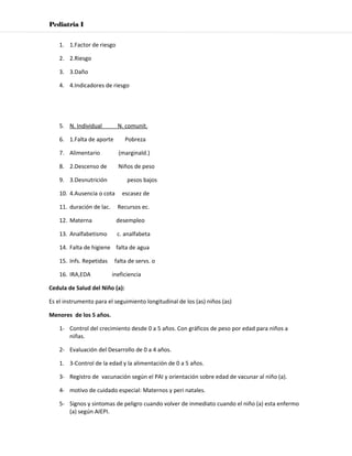 Pediatria I


    1. 1.Factor de riesgo

    2. 2.Riesgo

    3. 3.Daño

    4. 4.Indicadores de riesgo




    5. N. Individual         N. comunit.

    6. 1.Falta de aporte        Pobreza

    7. Alimentario           (marginald.)

    8. 2.Descenso de         Niños de peso

    9. 3.Desnutrición            pesos bajos

    10. 4.Ausencia o cota      escasez de

    11. duración de lac.     Recursos ec.

    12. Materna             desempleo

    13. Analfabetismo        c. analfabeta

    14. Falta de higiene falta de agua

    15. Infs. Repetidas     falta de servs. o

    16. IRA,EDA            ineficiencia

Cedula de Salud del Niño (a):

Es el instrumento para el seguimiento longitudinal de los (as) niños (as)

Menores de los 5 años.

    1- Control del crecimiento desde 0 a 5 años. Con gráficos de peso por edad para niños a
       niñas.

    2- Evaluación del Desarrollo de 0 a 4 años.

    1. 3-Control de la edad y la alimentación de 0 a 5 años.

    3- Registro de vacunación según el PAI y orientación sobre edad de vacunar al niño (a).

    4- motivo de cuidado especial: Maternos y peri natales.

    5- Signos y sintomas de peligro cuando volver de inmediato cuando el niño (a) esta enfermo
       (a) según AIEPI.
 