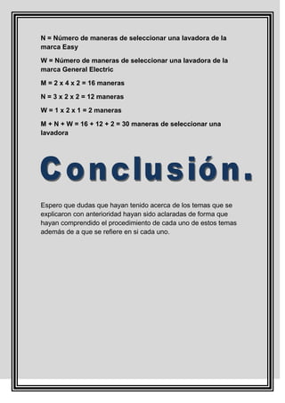 N = Número de maneras de seleccionar una lavadora de la
marca Easy

W = Número de maneras de seleccionar una lavadora de la
marca General Electric

M = 2 x 4 x 2 = 16 maneras

N = 3 x 2 x 2 = 12 maneras

W = 1 x 2 x 1 = 2 maneras

M + N + W = 16 + 12 + 2 = 30 maneras de seleccionar una
lavadora




Espero que dudas que hayan tenido acerca de los temas que se
explicaron con anterioridad hayan sido aclaradas de forma que
hayan comprendido el procedimiento de cada uno de estos temas
además de a que se refiere en si cada uno.
 