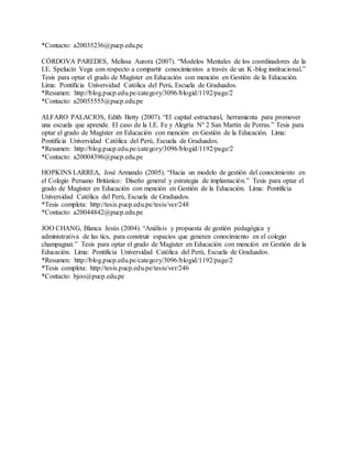 *Contacto: a20035236@pucp.edu.pe
CÓRDOVA PAREDES, Melissa Aurora (2007). “Modelos Mentales de los coordinadores de la
I.E. Spelucín Vega con respecto a compartir conocimientos a través de un K-blog institucional.”
Tesis para optar el grado de Magíster en Educación con mención en Gestión de la Educación.
Lima: Pontificia Universidad Católica del Perú, Escuela de Graduados.
*Resumen: http://blog.pucp.edu.pe/category/3096/blogid/1192/page/2
*Contacto: a20055555@pucp.edu.pe
ALFARO PALACIOS, Edith Betty (2007). “El capital estructural, herramienta para promover
una escuela que aprende. El caso de la I.E. Fe y Alegría Nº 2 San Martín de Porras.” Tesis para
optar el grado de Magíster en Educación con mención en Gestión de la Educación. Lima:
Pontificia Universidad Católica del Perú, Escuela de Graduados.
*Resumen: http://blog.pucp.edu.pe/category/3096/blogid/1192/page/2
*Contacto: a20004396@pucp.edu.pe
HOPKINS LARREA, José Armando (2005). “Hacia un modelo de gestión del conocimiento en
el Colegio Peruano Británico: Diseño general y estrategia de implantación.” Tesis para optar el
grado de Magíster en Educación con mención en Gestión de la Educación. Lima: Pontificia
Universidad Católica del Perú, Escuela de Graduados.
*Tesis completa: http://tesis.pucp.edu.pe/tesis/ver/248
*Contacto: a20044842@pucp.edu.pe
JOO CHANG, Blanca Jesús (2004). “Análisis y propuesta de gestión pedagógica y
administrativa de las tics, para construir espacios que generen conocimiento en el colegio
champagnat.” Tesis para optar el grado de Magíster en Educación con mención en Gestión de la
Educación. Lima: Pontificia Universidad Católica del Perú, Escuela de Graduados.
*Resumen: http://blog.pucp.edu.pe/category/3096/blogid/1192/page/2
*Tesis completa: http://tesis.pucp.edu.pe/tesis/ver/246
*Contacto: bjoo@pucp.edu.pe
 