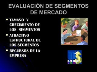 EVALUACIÓN DE SEGMENTOS
       DE MERCADO
 TAMAÑO  Y
  CRECIMIENTO DE
  LOS SEGMENTOS
 ATRACTIVO
  ESTRUCTURAL DE
  LOS SEGMENTOS
 RECURSOS DE LA
  EMPRESA
 