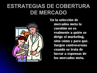 ESTRATEGIAS DE COBERTURA
      DE MERCADO
            En la selección de
              mercados meta la
              cuestión no es
              realmente a quién se
              dirige el marketing,
              sino cómo y para qué.
              Surgen controversias
              cuando se trata de
              lucrar a expensas de
              los mercados meta.
 