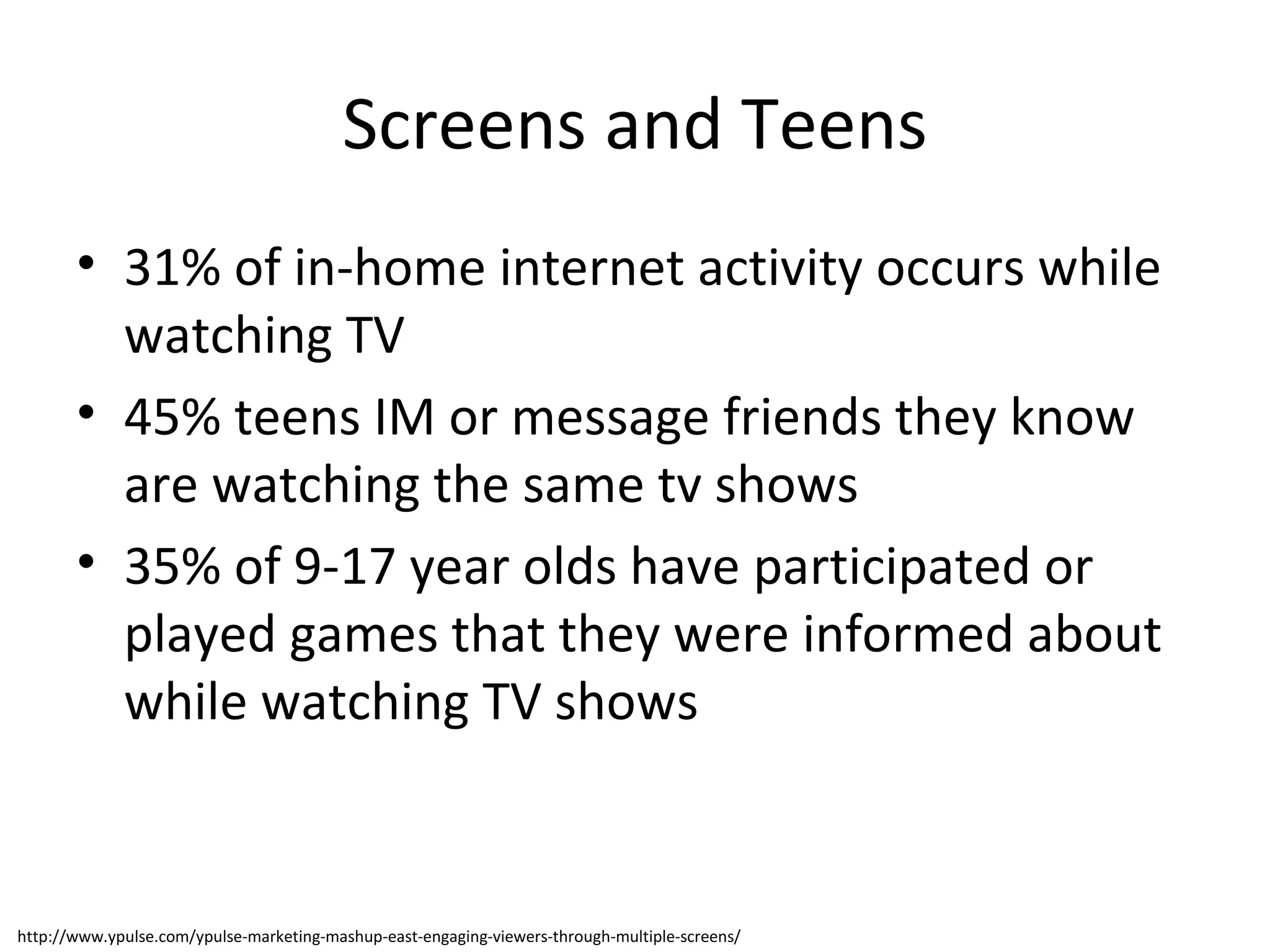 Screens and Teens 31% of in-home internet activity occurs while watching TV 45% teens IM or message friends they know are watching the same tv shows 35% of 9-17 year olds have participated or played games that they were informed about while watching TV shows http://www.ypulse.com/ypulse-marketing-mashup-east-engaging-viewers-through-multiple-screens/ 