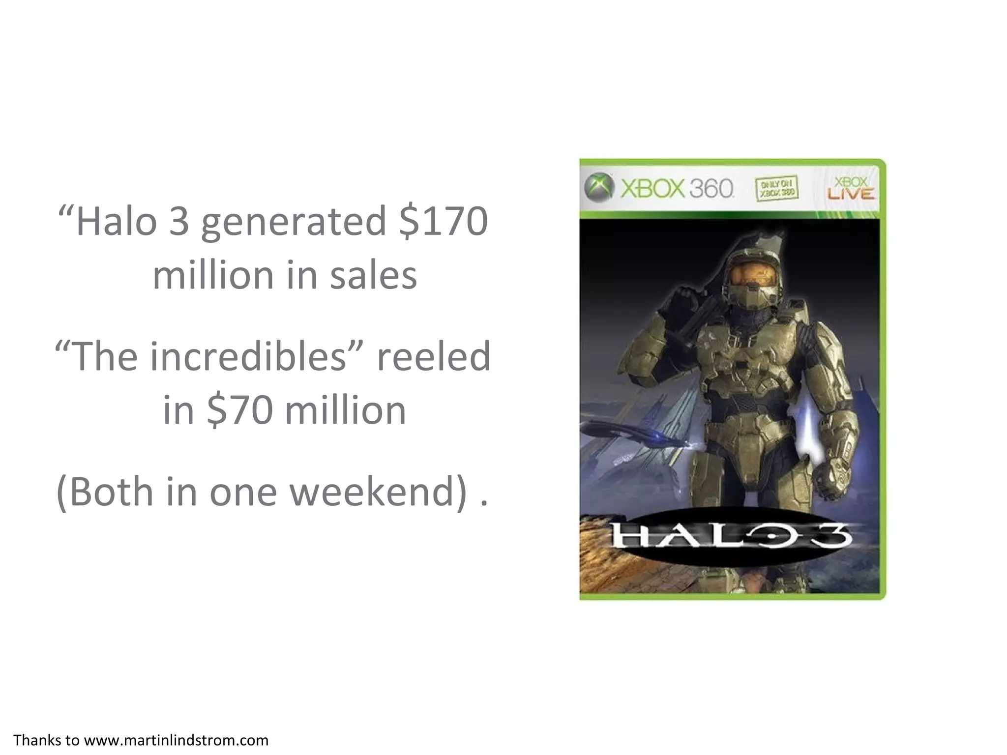 “ Halo 3 generated $170 million in sales “ The incredibles” reeled in $70 million (Both in one weekend) . Thanks to www.martinlindstrom.com 