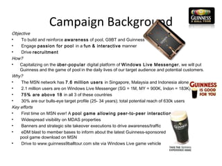 Campaign Background <ul><li>Objective </li></ul><ul><li>To build and reinforce  awareness  of pool, G9BT and Guinness </li...