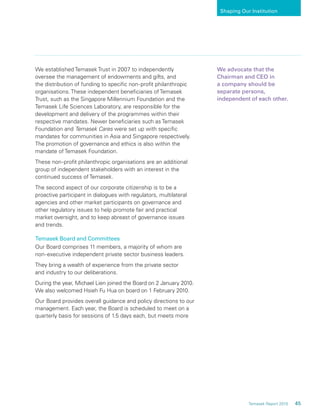 45Temasek Report 2010
Shaping Our Institution
We established Temasek Trust in 2007 to independently
oversee the management of endowments and gifts, and
the distribution of funding to speciﬁc non-proﬁt philanthropic
organisations. These independent beneﬁciaries of Temasek
Trust, such as the Singapore Millennium Foundation and the
Temasek Life Sciences Laboratory, are responsible for the
development and delivery of the programmes within their
respective mandates. Newer beneﬁciaries such as Temasek
Foundation and Temasek Cares were set up with speciﬁc
mandates for communities in Asia and Singapore respectively.
The promotion of governance and ethics is also within the
mandate of Temasek Foundation.
These non-proﬁt philanthropic organisations are an additional
group of independent stakeholders with an interest in the
continued success of Temasek.
The second aspect of our corporate citizenship is to be a
proactive participant in dialogues with regulators, multilateral
agencies and other market participants on governance and
other regulatory issues to help promote fair and practical
market oversight, and to keep abreast of governance issues
and trends.
Temasek Board and Committees
Our Board comprises 11 members, a majority of whom are
non-executive independent private sector business leaders.
They bring a wealth of experience from the private sector
and industry to our deliberations.
During the year, Michael Lien joined the Board on 2 January 2010.
We also welcomed Hsieh Fu Hua on board on 1 February 2010.
Our Board provides overall guidance and policy directions to our
management. Each year, the Board is scheduled to meet on a
quarterly basis for sessions of 1.5 days each, but meets more
We advocate that the
Chairman and CEO in
a company should be
separate persons,
independent of each other.
 