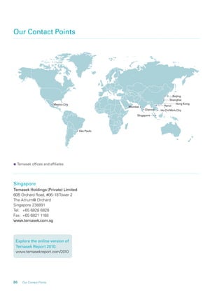 86 Our Contact Points
Our Contact Points
Temasek ofﬁces and afﬁliates
Singapore
Temasek Holdings (Private) Limited
60B Orchard Road, #06-18Tower 2
The Atrium@ Orchard
Singapore 238891
Tel: +65 6828 6828
Fax: +65 6821 1188
www.temasek.com.sg
Explore the online version of
Temasek Report 2010:
www.temasekreport.com/2010
Mumbai
Chennai Ho Chi Minh City
Hanoi
Singapore
Hong KongMexico City
São Paulo
Beijing
Shanghai
 