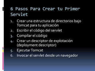 6 Pasos Para Crear tu Primer ServletCrear una estructura de directorios bajo Tomcat para tu aplicaciónEscribir el código del servletCompilar el códigoCrear un descriptor de explotación (deployment descriptor)Ejecutar TomcatInvocar el servlet desde un navegador