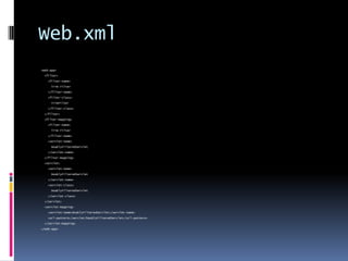 Web.xml<web-app> <filter> <filter-name> Trim Filter </filter-name> <filter-class> TrimFilter </filter-class> </filter> <filter-mapping> <filter-name> Trim Filter </filter-name> <servlet-name> DoublyFilteredServlet </servlet-name> </filter-mapping> <servlet> <servlet-name> DoublyFilteredServlet </servlet-name> <servlet-class> DoublyFilteredServlet </servlet-class> </servlet> <servlet-mapping> <servlet-name>DoublyFilteredServlet</servlet-name> <url-pattern>/servlet/DoublyFilteredServlet</url-pattern> </servlet-mapping></web-app>