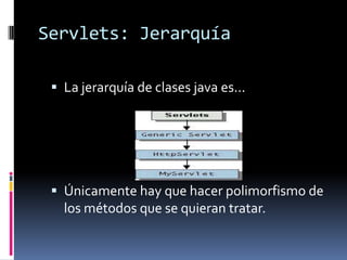 Servlets: JerarquíaLa jerarquía de clases java es...Únicamente hay que hacer polimorfismo de los métodos que se quieran tratar.