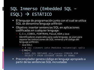 SQL Inmerso (Embedded SQL – ESQL) ESTÁTICOEl lenguaje de programación junto con el cual se utiliza SQL se denomina lenguaje anfitrión Objetivo: insertar sentencias SQL en aplicaciones codificadas en cualquier lenguaje:C, C++, COBOL, FORTRAN, Pascal, ADA y JavaIdentificadores especiales para cada lenguaje, se usan para separar las instrucciones de SQL inmerso y el código del lenguaje anfitrión:Java SQLJ:# sql {insert into Pedidos values(:p1 :p2};C PRO*C:EXEC SQL DECLARE stu_cursor CURSOR FOR SELECT * FROM STUDENT ORDER BY NAME; Precompilador genera código en lenguaje apropiado a partir de las sentencias SQL incrustadas