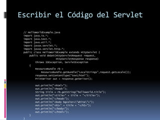 Escribir el Código del Servlet// HelloWorldExample.javaimport java.io.*;import java.text.*;import java.util.*;import javax.servlet.*;import javax.servlet.http.*;public class HelloWorldExample extends HttpServlet { public void doGet(HttpServletRequest request, HttpServletResponse response) throws IOException, ServletException { ResourceBundle rb = ResourceBundle.getBundle("LocalStrings",request.getLocale()); response.setContentType("text/html"); PrintWriter out = response.getWriter(); out.println("<html>"); out.println("<head>"); String title = rb.getString("helloworld.title"); out.println("<title>" + title + "</title>"); out.println("</head>"); out.println("<body bgcolor=\"white\">"); out.println("<h1>" + title + "</h1>"); out.println("</body>"); out.println("</html>"); }}