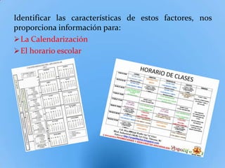 Identificar las características de estos factores, nos
proporciona información para:
 La Calendarización
 El horario escolar
 