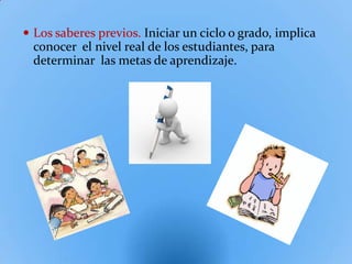  Los saberes previos. Iniciar un ciclo o grado, implica
  conocer el nivel real de los estudiantes, para
  determinar las metas de aprendizaje.
 