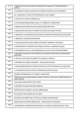 273. A INSERÇÃO DO ADOLESCENTE NO MUNDO DO TRABALHO: POSSIBILIDADES E
LIMITES
274.
A INVERSÃO DO ÔNUS DA PROVA NO CÓDIGO DE DEFESA DO CONSUMIDOR
275.
LEI 10.628/2002 E O FORO POR PRERROGATIVA DE FUNÇÃO
276.
A LEI 6015/73 E O NOVO CÓDIGO CIVIL
277.
A LEI DE RESPONSABILIDADE FISCAL E O COMBATE À CORRUPÇÃO
278.
A MEDIDA SÓCIO-EDUCATIVA DO ADOLESCENTE INFRATOR
279.
A OBJEÇÃO DA NÃO-EXECUTIVIDADE NA LEI DE EXECUÇÕES FISCAIS
280.
A OBJEÇÃO E A EXECEÇÃO DE NÃO-EXECUTIVIDADE NO PROCESSO DE EXECUÇÃO
281.
A ORDEM DA VOCAÇÃO HEREDITÁRIA
282.
A POLUIÇÃO DA ÁGUA DOCE DIANTE DO DIREITO AMBIENTAL NO BRASIL
283.
A PRESUNÇÃO DE VIOLÊNCIA NOS CRIMES CONTRA A LIBERDADE SEXUAL
284.
A PREVIDÊNCIA SOCIAL E AS MUDANÇAS NO CALCULO DAS APOSENTADORIAS
285. A PROTEÇÃO DO NASCITURO FRENTE AOS AVANÇOS CIENTÍFICOS: REPRODUÇÃO
ASSISTIDA
286.
A PROVA E A NULIDADE NO ÂMBITO DO NEGÓCIO JURÍDICO
287.
A REFORMA DO PODER JUDICIÁRIO – UMA ANÁLISE CRÍTICA
288.
A RESPONSABILIDADE DO FORNECEDOR PELO FATO DO PRODUTO E DO SERVIÇO
289.
A VALORAÇÃO DA PROVA PENAL PRODUZIDA NA FASE POLICIAL
290.
ADOÇÃO INTERNACIONAL N O DIREITO BRASILEIRO
291. AGÊNCIAS.REGULAMENTADORAS: BANCO.CENTRAL LIMITE.DAS COMPÊTENCIAS.DO
CMN.E.BACEN
292.
ÁGUA BEM COMUM DIREITO DE TODOS
293.
ALIENAÇÃO FIDUCIÁRIA DE BENS IMÓVEIS
294.
ANTROPOLOGIA CRIMINAL NA ERA LOMBROSIANA
295.
ANULAÇÃO E REVOGAÇÃO DE LICITAÇÃO
296.
AQUISIÇÃO DO DIREITO DE VOTO PELAS AÇÕES PREFERENCIAIS
297.
ARBITRAGEM NO DIREITO BRASILEIRO - ARBITRAGEM E TERCEIROS
298.
AS BARREIRAS COMERCIAIS ENTRE BRASIL E ESTADOS UNIDOS NA ÁREA TÊXTIL
 