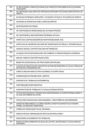 299. AS IMPLICAÇÕES CONSTITUCIONAIS DOS CRÉDITOS PRESUMIDOS NA AUTONOMIA
FINANCEIRA
300. AS LIMITAÇÕES DOS DIREITOS INDIVIDUAIS EM NOME DO ESTADO DEMOCRÁTICO DE
DIREITO
301.
AS NOVAS ENTIDADES FAMILIARES: SITUAÇÕES FÁTICAS E SITUAÇÕES DE DIREITO
302.
AS PENAS ALTERNATIVAS SOB A VISÃO DO DIREITO
303.
AS PESQUISAS ELEITORAIS
304.
AS VANTAGENS DA MODALIDADE DE LICITAÇÃO PREGÃO
305.
AS VANTAGENS E DESVANTAGENS DO BRASIL NA ALCA
306.
ASPECTOS CONTROVERTIDOS DA RESPONSABILIDADE CIVIL
307.
ASPECTOS DE INCIDÊNCIA DO ICMS NO TRANSPORTE ESTADUAL E INTERESTADUAL
308.
ASSEDIO SEXUAL CONTRA A MULHER NO TRABALHO
309.
ATUAÇÃO DO ESTADO BRASILEIRO NO COMBATE A CONCENTRAÇÃO ECONÔMICA
310.
BEM DE FAMÍLIA E SUA PROTEÇÃO LEGAL
311.
BENEFÍCIO ASSISTENCIAL DE PRESTAÇÃO CONTINUADA
312. CLÁUSULAS ABUSIVAS EM CONTRATOS DE ADESÃO BANCÁRIO À LUZ DO CÓDIGO DE
DEFESA DO CONSUMIDOR CDC
313.
COMO PLANEJAR PARA EVITAR A EVASÃO E A ELISÃO FISCAL
314.
CONDENAÇÃO NO REGIME SEMI - ABERTO
315.
CONTRATO DE TRABALHO EXPERIMENTAL
316.
CONTRIBUIÇÃO CONFEDERATIVA
317.
COOPERATIVAS DE TRABALHO E O VÍNCULO EMPREGATÍCIO
318. COTAS PARA NEGROS E PARDOS NAS UNIVERSIDADES: A CONTROVÉRSIA SOBRE A
LEI QUE DETERMINA AS COTAS
319.
COTAS PARA NEGROS NAS UNIVERSIDADES - UMA FORMA DE DISCRIMINAÇÃO
320. CRÉDITOS PRESUMIDOS E AS IMPLICAÇÕES CONSTITUCIONAIS NA AUTONOMIA
FINANC. ESTADUAIS E MUNICIPAIS
321.
CRIMES DE SONEGAÇÃO FISCAL NO BRASIL
322.
DANO ESTÉTICO: OBRIGAÇÃO DE MEIO OU DE RESULTADO?
323.
DANO MORAL NO AMBIENTE DO TRABALHO
324. DANOS AO MEIO AMBIENTE DA ÁGUA DE LASTRO: UM ENFOQUE À LUZ DO DIREITO
SANITÁRIO
 