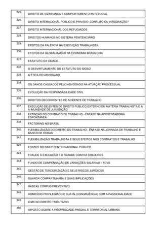 325.
DIREITO DE VIZINHANÇA E COMPORTAMENTO ANTI-SOCIAL
326.
DIREITO INTERACIONAL PÚBLICO E PRIVADO: CONFLITO OU INTEGRAÇÃO?
327.
DIREITO INTERNACIONAL DOS REFUGIADOS
328.
DIREITOS HUMANOS NO SISTEMA PENITENCIÁRIO
329.
EFEITOS DA FALÊNCIA NA EXECUÇÃO TRABALHISTA
330.
EFEITOS DA GLOBALIZAÇÃO NA ECONOMIA BRASILEIRA
331.
ESTATUTO DA CIDADE
332.
O DESVIRTUAMENTO DO ESTATUTO DO IDOSO
333. A ÉTICA DO ADVOGADO
334.
OS DANOS CAUSADOS PELO ADVOGADO NA ATUAÇÃO PROCESSUAL
335.
EVOLUÇÃO DA RESPONSABILIDADE CIVIL
336.
DIREITOS DECORRENTES DE ACIDENTE DE TRABALHO
337. EXECUÇÃO DE ENTES DE DIREITO PÚBLICO EXTERNO EM MATÉRIA TRABALHISTA E A
A IMUNIDADE DE JURISDIÇÃO
338. EXTINÇÃO DO CONTRATO DE TRABALHO - ÊNFASE NA APOSENTADORIA
ESPONTÂNEA
339.
FACTORING NO BRASIL
340. FLEXIBILIZAÇÃO DO DIREITO DO TRABALHO - ÊNFASE NA JORNADA DE TRABALHO E
BANCO DE HORAS
341.
FLEXIBILIZAÇÃO TRABALHISTA E SEUS EFEITOS NOS CONTRATOS E TRABALHO
342.
FONTES DO DIREITO INTERNACIONAL PÚBLICO
343.
FRAUDE À EXECUÇÃO E A FRAUDE CONTRA CREDORES
344.
FUNDO DE COMPENSAÇÃO DE VARIAÇÕES SALARIAIS - FCVS
345.
GESTÃO DE TERCEIRIZAÇÃO E SEUS RISCOS JURÍDICOS
346.
GUARDA COMPARTILHADA E SUAS IMPLICAÇÕES
347.
HABEAS CORPUS PREVENTIVO
348.
HOMICÍDIO PRIVILEGIADO E SUA IN (CONGRUÊNCIA) COM A PASSIONALIDADE
349.
ICMS NO DIREITO TRIBUTÁRIO
350.
IMPOSTO SOBRE A PROPRIEDADE PREDIAL E TERRITORIAL URBANA
 