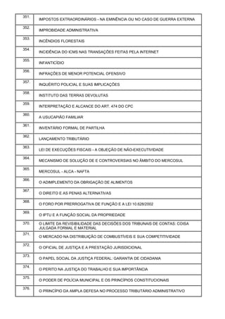 351.
IMPOSTOS EXTRAORDINÁRIOS - NA EMINÊNCIA OU NO CASO DE GUERRA EXTERNA
352.
IMPROBIDADE ADMINISTRATIVA
353.
INCÊNDIOS FLORESTAIS
354.
INCIDÊNCIA DO ICMS NAS TRANSAÇÕES FEITAS PELA INTERNET
355.
INFANTICÍDIO
356.
INFRAÇÕES DE MENOR POTENCIAL OFENSIVO
357.
INQUÉRITO POLICIAL E SUAS IMPLICAÇÕES
358.
INSTITUTO DAS TERRAS DEVOLUTAS
359.
INTERPRETAÇÃO E ALCANCE DO ART. 474 DO CPC
360.
A USUCAPIÃO FAMILIAR
361.
INVENTÁRIO FORMAL DE PARTILHA
362.
LANÇAMENTO TRIBUTÁRIO
363.
LEI DE EXECUÇÕES FISCAIS - A OBJEÇÃO DE NÃO-EXECUTIVIDADE
364.
MECANISMO DE SOLUÇÃO DE E CONTROVERSIAS NO ÂMBITO DO MERCOSUL
365.
MERCOSUL - ALCA - NAFTA
366.
O ADIMPLEMENTO DA OBRIGAÇÃO DE ALIMENTOS
367.
O DIREITO E AS PENAS ALTERNATIVAS
368.
O FORO POR PRERROGATIVA DE FUNÇÃO E A LEI 10.628/2002
369.
O IPTU E A FUNÇÃO SOCIAL DA PROPRIEDADE
370. O LIMITE DA REVISIBILIDADE DAS DECISÕES DOS TRIBUNAIS DE CONTAS: COISA
JULGADA FORMAL E MATERIAL
371.
O MERCADO NA DISTRIBUIÇÃO DE COMBUSTÍVEIS E SUA COMPETITIVIDADE
372.
O OFICIAL DE JUSTIÇA E A PRESTAÇÃO JURISDICIONAL
373.
O PAPEL SOCIAL DA JUSTIÇA FEDERAL: GARANTIA DE CIDADANIA
374.
O PERITO NA JUSTIÇA DO TRABALHO E SUA IMPORTÂNCIA
375.
O PODER DE POLÍCIA MUNICIPAL E OS PRINCÍPIOS CONSTITUCIONAIS
376.
O PRINCÍPIO DA AMPLA DEFESA NO PROCESSO TRIBUTÁRIO ADMINISTRATIVO
 
