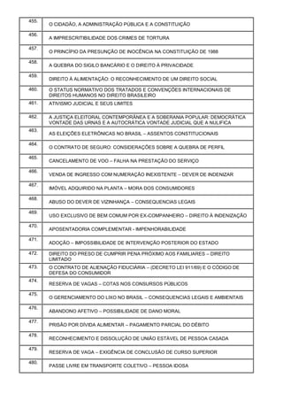 455.
O CIDADÃO, A ADMINISTRAÇÃO PÚBLICA E A CONSTITUIÇÃO
456.
A IMPRESCRITIBILIDADE DOS CRIMES DE TORTURA
457.
O PRINCÍPIO DA PRESUNÇÃO DE INOCÊNCIA NA CONSTITUIÇÃO DE 1988
458.
A QUEBRA DO SIGILO BANCÁRIO E O DIREITO À PRIVACIDADE
459.
DIREITO À ALIMENTAÇÃO: O RECONHECIMENTO DE UM DIREITO SOCIAL
460. O STATUS NORMATIVO DOS TRATADOS E CONVENÇÕES INTERNACIONAIS DE
DIREITOS HUMANOS NO DIREITO BRASILEIRO
461. ATIVISMO JUDICIAL E SEUS LIMITES
462. A JUSTIÇA ELEITORAL CONTEMPORÂNEA E A SOBERANIA POPULAR: DEMOCRÁTICA
VONTADE DAS URNAS E A AUTOCRÁTICA VONTADE JUDICIAL QUE A NULIFICA
463.
AS ELEIÇÕES ELETRÔNICAS NO BRASIL – ASSENTOS CONSTITUCIONAIS
464.
O CONTRATO DE SEGURO: CONSIDERAÇÕES SOBRE A QUEBRA DE PERFIL
465.
CANCELAMENTO DE VOO – FALHA NA PRESTAÇÃO DO SERVIÇO
466.
VENDA DE INGRESSO COM NUMERAÇÃO INEXISTENTE – DEVER DE INDENIZAR
467.
IMÓVEL ADQUIRIDO NA PLANTA – MORA DOS CONSUMIDORES
468.
ABUSO DO DEVER DE VIZINHANÇA – CONSEQUENCIAS LEGAIS
469.
USO EXCLUSIVO DE BEM COMUM POR EX-COMPANHEIRO – DIREITO À INDENIZAÇÃO
470.
APOSENTADORIA COMPLEMENTAR - IMPENHORABILIDADE
471.
ADOÇÃO – IMPOSSIBILIDADE DE INTERVENÇÃO POSTERIOR DO ESTADO
472. DIREITO DO PRESO DE CUMPRIR PENA PRÓXIMO AOS FAMILIARES – DIREITO
LIMITADO
473. O CONTRATO DE ALIENAÇÃO FIDUCIÁRIA – (DECRETO LEI 911/69) E O CÓDIGO DE
DEFESA DO CONSUMIDOR
474.
RESERVA DE VAGAS – COTAS NOS CONSURSOS PÚBLICOS
475.
O GERENCIAMENTO DO LIXO NO BRASIL – CONSEQUENCIAS LEGAIS E AMBIENTAIS
476.
ABANDONO AFETIVO – POSSIBILIDADE DE DANO MORAL
477.
PRISÃO POR DÍVIDA ALIMENTAR – PAGAMENTO PARCIAL DO DÉBITO
478.
RECONHECIMENTO E DISSOLUÇÃO DE UNIÃO ESTÁVEL DE PESSOA CASADA
479.
RESERVA DE VAGA – EXIGÊNCIA DE CONCLUSÃO DE CURSO SUPERIOR
480.
PASSE LIVRE EM TRANSPORTE COLETIVO – PESSOA IDOSA
 