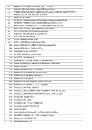 514. AMPLIAÇÃO DAS HIPÓTESES DE AÇÕES COLETIVAS
515. ANTECIPAÇÃO DA TUTELA E AGILIZAÇÃO DA JUSTIÇA
516. ANTECIPAÇÃO DE TUTELA E MEDIDAS CAUTELARES: UM ESTUDO COMPARATIVO
517. ARBITRAGEM: DA AMPLIAÇÃO DO SEU USO
518. ARRESTO CAUTELAR,
519. ASPECTOS PROCESSUAIS DA SEPARAÇÃO LITIGIOSA E DO DIVÓRCIO
520. ASPECTOS PROCESSUAIS DOS ALIMENTOS NA UNIÃO ESTÁVEL
521. ASSISTÊNCIA LITISCONSORCIAL NO DIREITO PROCESSUAL CIVIL
522. ASSISTENTE TÉCNICO: IMPEDIMENTO E SUSPEIÇÃO
523. ATO ATENTATÓRIO À DIGNIDADE DA JUSTIÇA
524. AUDIÊNCIA DE INSTRUÇÃO E JULGAMENTO
525. BOA FÉ NO PROCESSO CIVIL
526. BUSCA E APREENSÃO DE BENS
527. CARTA PRECATÓRIA. CARTA ROGATÓRIA
528. CAUSA PETENDI NAS AÇÕES DE SEPARAÇÃO JUDICIAL.
529. CAUSA PETENDI NO PROCESSO CIVIL,
530. CHAMAMENTO AO PROCESSO.
531. CITAÇÃO NO DIREITO PROCESSUAL
532. CITAÇÕES E INTIMAÇÕES
533. COBRANÇA EXECUTIVA E AÇÕES CONCORRENTES.
534. COISA JULGADA E LITISPENDÊNCIA NAS AÇÕES COLETIVAS.
535. COISA JULGADA
536. COISA JULGADA: LIMITES OBJETIVOS.
537. COMPETÊNCIA E DOS ATOS PROCESSUAIS
538. COMPETÊNCIA EM RAZÃO DO LOCAL
539. COMPETÊNCIA MATERIAL
540. COMPETÊNCIA NOS JUIZADOS ESPECIAIS CÍVEIS
541. COMPETÊNCIA RECURSAL DO STJ E DO STF
542. CONCILIAÇÃO E JUÍZO ARBITRAL.
543. CONCILIAÇÃO E SANEAMENTO DO PROCESSO: O ART. 331 DO CPC.
544. CONCILIAÇÃO NO ATUAL DIREITO PROCESSUAL: UMA ANÁLISE.
545. CONCURSO DE PESSOAS.
546. CONDIÇÕES DA AÇÃO.
547. CONDIÇÕES DA TUTELA ANTECIPADA.
548. CONSIGNAÇÃO EM PAGAMENTO.
549. CONTESTAÇÃO
550. CONVENCIMENTO FUNDADO E ANTECIPAÇÃO DE TUTELA.
551. DECISÕES JUDICIAIS E O EFEITO VINCULANTE, DAS.
552. DEFESA NO PROCESSO CIVIL
553. DENUNCIAÇÃO DA LIDE
 