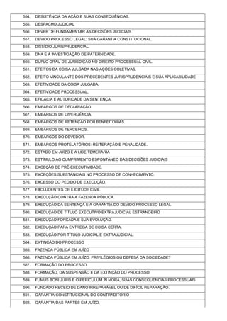 554. DESISTÊNCIA DA AÇÃO E SUAS CONSEQUÊNCIAS.
555. DESPACHO JUDICIAL
556. DEVER DE FUNDAMENTAR AS DECISÕES JUDICIAIS
557. DEVIDO PROCESSO LEGAL: SUA GARANTIA CONSTITUCIONAL.
558. DISSÍDIO JURISPRUDENCIAL.
559. DNA E A INVESTIGAÇÃO DE PATERNIDADE.
560. DUPLO GRAU DE JURISDIÇÃO NO DIREITO PROCESSUAL CIVIL.
561. EFEITOS DA COISA JULGADA NAS AÇÕES COLETIVAS.
562. EFEITO VINCULANTE DOS PRECEDENTES JURISPRUDENCIAIS E SUA APLICABILIDADE
563. EFETIVIDADE DA COISA JULGADA.
564. EFETIVIDADE PROCESSUAL,
565. EFICÁCIA E AUTORIDADE DA SENTENÇA.
566. EMBARGOS DE DECLARAÇÃO
567. EMBARGOS DE DIVERGÊNCIA.
568. EMBARGOS DE RETENÇÃO POR BENFEITORIAS.
569. EMBARGOS DE TERCEIROS.
570. EMBARGOS DO DEVEDOR.
571. EMBARGOS PROTELATÓRIOS: REITERAÇÃO E PENALIDADE.
572. ESTADO EM JUÍZO E A LIDE TEMERÁRIA
573. ESTÍMULO AO CUMPRIMENTO ESPONTÂNEO DAS DECISÕES JUDICIAIS
574. EXCEÇÃO DE PRÉ-EXECUTIVIDADE.
575. EXCEÇÕES SUBSTANCIAIS NO PROCESSO DE CONHECIMENTO.
576. EXCESSO DO PEDIDO DE EXECUÇÃO.
577. EXCLUDENTES DE ILICITUDE CIVIL.
578. EXECUÇÃO CONTRA A FAZENDA PÚBLICA.
579. EXECUÇÃO DA SENTENÇA E A GARANTIA DO DEVIDO PROCESSO LEGAL
580. EXECUÇÃO DE TÍTULO EXECUTIVO EXTRAJUDICIAL ESTRANGEIRO
581. EXECUÇÃO FORÇADA E SUA EVOLUÇÃO.
582. EXECUÇÃO PARA ENTREGA DE COISA CERTA.
583. EXECUÇÃO POR TÍTULO JUDICIAL E EXTRAJUDICIAL.
584. EXTINÇÃO DO PROCESSO
585. FAZENDA PÚBLICA EM JUÍZO
586. FAZENDA PÚBLICA EM JUÍZO: PRIVILÉGIOS OU DEFESA DA SOCIEDADE?
587. FORMAÇÃO DO PROCESSO
588. FORMAÇÃO, DA SUSPENSÃO E DA EXTINÇÃO DO PROCESSO
589. FUMUS BONI JÚRIS E O PERICULUM IN MORA, SUAS CONSEQUÊNCIAS PROCESSUAIS.
590. FUNDADO RECEIO DE DANO IRREPARÁVEL OU DE DIFÍCIL REPARAÇÃO.
591. GARANTIA CONSTITUCIONAL DO CONTRADITÓRIO
592. GARANTIA DAS PARTES EM JUÍZO.
 