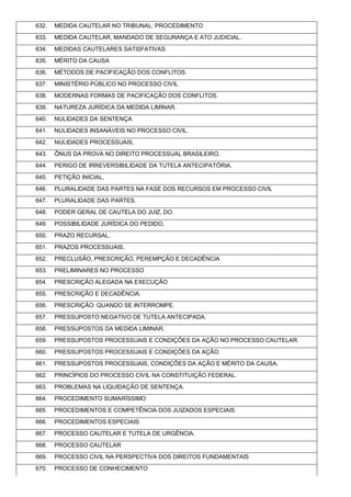 632. MEDIDA CAUTELAR NO TRIBUNAL: PROCEDIMENTO
633. MEDIDA CAUTELAR, MANDADO DE SEGURANÇA E ATO JUDICIAL.
634. MEDIDAS CAUTELARES SATISFATIVAS.
635. MÉRITO DA CAUSA
636. MÉTODOS DE PACIFICAÇÃO DOS CONFLITOS.
637. MINISTÉRIO PÚBLICO NO PROCESSO CIVIL
638. MODERNAS FORMAS DE PACIFICAÇÃO DOS CONFLITOS.
639. NATUREZA JURÍDICA DA MEDIDA LIMINAR.
640. NULIDADES DA SENTENÇA
641. NULIDADES INSANÁVEIS NO PROCESSO CIVIL.
642. NULIDADES PROCESSUAIS,
643. ÔNUS DA PROVA NO DIREITO PROCESSUAL BRASILEIRO,
644. PERIGO DE IRREVERSIBILIDADE DA TUTELA ANTECIPATÓRIA.
645. PETIÇÃO INICIAL,
646. PLURALIDADE DAS PARTES NA FASE DOS RECURSOS EM PROCESSO CIVIL
647. PLURALIDADE DAS PARTES.
648. PODER GERAL DE CAUTELA DO JUIZ, DO.
649. POSSIBILIDADE JURÍDICA DO PEDIDO,
650. PRAZO RECURSAL,
651. PRAZOS PROCESSUAIS,
652. PRECLUSÃO, PRESCRIÇÃO, PEREMPÇÃO E DECADÊNCIA
653. PRELIMINARES NO PROCESSO
654. PRESCRIÇÃO ALEGADA NA EXECUÇÃO
655. PRESCRIÇÃO E DECADÊNCIA.
656. PRESCRIÇÃO: QUANDO SE INTERROMPE.
657. PRESSUPOSTO NEGATIVO DE TUTELA ANTECIPADA.
658. PRESSUPOSTOS DA MEDIDA LIMINAR.
659. PRESSUPOSTOS PROCESSUAIS E CONDIÇÕES DA AÇÃO NO PROCESSO CAUTELAR.
660. PRESSUPOSTOS PROCESSUAIS E CONDIÇÕES DA AÇÃO.
661. PRESSUPOSTOS PROCESSUAIS, CONDIÇÕES DA AÇÃO E MÉRITO DA CAUSA.
662. PRINCÍPIOS DO PROCESSO CIVIL NA CONSTITUIÇÃO FEDERAL.
663. PROBLEMAS NA LIQUIDAÇÃO DE SENTENÇA.
664. PROCEDIMENTO SUMARÍSSIMO
665. PROCEDIMENTOS E COMPETÊNCIA DOS JUIZADOS ESPECIAIS.
666. PROCEDIMENTOS ESPECIAIS.
667. PROCESSO CAUTELAR E TUTELA DE URGÊNCIA.
668. PROCESSO CAUTELAR
669. PROCESSO CIVIL NA PERSPECTIVA DOS DIREITOS FUNDAMENTAIS
670. PROCESSO DE CONHECIMENTO
 