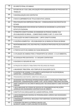 198. DO DIREITO PENAL DO INIMIGO
199. ESTUDO DA LEI 11232 / 2005, APLICAÇÃO POR SUBSIDIARIEDADE NO PROCESSO DO
TRABALHO
200. FUNCIONALIZAÇÃO DOS CONTRATOS
201. O NOVO CUMPRIMENTO DE TÍTULO EXECUTIVO JUDICIAL
202. PRIVATIZAÇÃO DAS EMPRESAS PÚBLICAS – CONSEQUENCIAS NAS RECEITAS DO
ESTADO
203. RESPONSABILIDADE DOS SÓCIOS NA FALÊNCIA DA SOCIEDADE A LUZ DO NOVO
ESTATUTO FALENCIAL
204. O PRINCÍPIO CONSTITUCIONAL DA DIGNIDADE DA PESSOA HUMANA. SUA
APLICABILIDADE NO BRASIL – COMENTÁRIOS SOBRE O ART. 5º, III DA CF/88
205. A REELEIÇÃO NO DIREITO BRASILEIRO – LIMITE CONSTITUCIONAL
206. A VIOLÊNCIA DOMÉSTICA – APLICABILIDADE DA LEI MARIA DA PENHA NO BRASIL
207. RESPONSABILIDADE CIVIL DOS PAIS PELA VIOLÊNCIA PRATICADA PELOS FILHOS NAS
ESCOLAS
208. O TRÁFICO ILÍCITO DE ANIMAIS DA FAUNA BRASILEIRA
209. A UTILIZAÇÃO DE ANIMAIS PARA O TRANSPORTE DE CARGAS – E A LEI AMBIENTAL
210. AS DOENÇAS PRÉ-EXISTENTES – E O SEGURO CONTRATADO
211. O SUICIDIO E O SEGURO DE VIDA
212.
EXTINÇÃO DO CRÉDITO TRIBUTÁRIO POR DECURSO DE PRAZO
213.
A IMUNIDADE TRIBUTÁRIA AOS TEMPLOS DE QUALQUER CULTO
214. O CONTRATO DE LEASING: O PAGAMENTO ANTECIPADO DO VALOR RESIDUAL
GARANTIDO – CONSEQUÊNCIAS JURÍDICAS
215.
PRISIONEIRAS GESTANTES: DIREITOS E SEQUELAS
216. HEGEMONIA DOS TRATADOS INTERNACIONAIS SOBRE A LEGISLAÇÃO TRIBUTÁRIA
BRASILEIRA: CONSIDERAÇÕES SOBRE O ART. 98 DO CÓDIGO TRIBUTÁRIO NACIONAL
217. UNIÃO HOMOAFETIVA NO DIREITO BRASILEIRO: RECONHECIMENTO COMO ENTIDADE
FAMILIAR
218. A APLICABILIDADE DO CÓDIGO DE DEFESA DO CONSUMIDOR NAS RELAÇÕES
JURÍDICAS DAS SOCIEDADES COOPERATIVAS DE CRÉDITO
219.
O INSTITUTO DA CONCILIAÇÃO NO JUIZADO ESPECIAL CÍVEIS
220. A DESCONSIDERAÇÃO INVERSA DA PERSONALIDADE JURÍDICA NAS SOCIEDADES
EMPRESÁRIAS
221. A INSEMINAÇÃO ARTIFICIAL REALIZADA POST MORTEM E OS EFEITOS NO DIREITO
SUCESSÓRIO
222. A PENHORA POR MEIO ELETRÔNICO (BACEN-JUD)
INCIDENTE SOBRE A CONTA-SALÁRIO DO DEVEDOR
 
