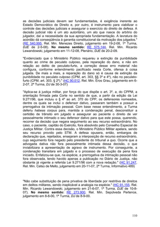 as decisões judiciais devem ser fundamentadas, é exigência inerente ao
Estado Democrático de Direito e, por outro, é instrumento para viabilizar o
controle das decisões judiciais e assegurar o exercício do direito de defesa. A
decisão judicial não é um ato autoritário, um ato que nasce do arbítrio do
julgador, daí a necessidade da sua apropriada fundamentação. A lavratura do
acórdão dá conseqüência à garantia constitucional da motivação dos julgados."
(RE 540.995, Rel. Min. Menezes Direito, julgamento em 19-2-08, 1ª Turma,
DJE de 2-5-08). No mesmo sentido: RE 575.144, Rel. Min. Ricardo
Lewandowski, julgamento em 11-12-08, Plenário, DJE de 20-2-09.

"Evidenciado que o Ministério Público requereu a extinção da punibilidade
quanto ao crime de peculato culposo, pela reparação do dano, e não em
relação ao delito de peculato-furto, a correção desse erro material não
configura, conforme entendimento pacificado nesta Corte, ofensa à coisa
julgada. De mais a mais, a reparação do dano só é causa de extinção da
punibilidade no peculato culposo (CPM, art. 303, §§ 3º e 4º), não no peculato-
furto (CPM, art. 303, § 2º)." (HC 90.012, Rel. Min. Eros Grau, julgamento em 6-
2-07, 2ª Turma, DJ de 30-3-07)

"Aplica-se à justiça militar, por força do que dispõe o art. 3º, a, do CPPM, a
orientação firmada pela Corte no sentido de que, a partir da edição da Lei
9.271/96, que incluiu o § 4º ao art. 370 do CPP, os defensores nomeados,
dentre os quais se inclui o defensor dativo, passaram também a possuir a
prerrogativa da intimação pessoal. Com base nesse entendimento, a Turma
deferiu habeas corpus para, mantida a condenação penal, desconstituir a
certidão de trânsito em julgado e assegurar ao paciente o direito de ver
pessoalmente intimado o seu defensor dativo para que este possa, querendo,
recorrer da decisão que negara seguimento ao seu recurso extraordinário. No
caso, o paciente, capitão do Exército, fora absolvido pelo Conselho Especial de
Justiça Militar. Contra essa decisão, o Ministério Público Militar apelara, sendo
seu recurso provido pelo STM. A defesa opusera, então, embargos de
declaração que, rejeitados, ensejaram a interposição de recurso extraordinário,
cujo seguimento fora negado pelo presidente do tribunal a quo. Ocorre que a
advogada dativa não fora pessoalmente intimada dessa decisão, o que
inviabilizara a apresentação de agravo de instrumento. Por conseguinte, a
condenação transitara em julgado e o processo de execução da pena fora
iniciado. Enfatizou-se que, na espécie, a prerrogativa da intimação pessoal não
fora observada, tendo havido apenas a publicação no Diário de Justiça, não
obstante já vigente a referida Lei 9.271/96 com a nova redação." (HC 91.247,
Rel. Min. Celso de Mello, julgamento em 20-11-07, 2ª Turma, Informativo 489)



"Não cabe substituição de pena privativa de liberdade por restritiva de direitos
em delitos militares, sendo inaplicável a analogia na espécie." (HC 91.155, Rel.
Min. Ricardo Lewandowski, julgamento em 21-6-07, 1ª Turma, DJE de 10-8-
07). No mesmo sentido: RE 273.900, Rel. Min. Sepúlveda Pertence,
julgamento em 8-8-00, 1ª Turma, DJ de 8-9-00.




                                                                             110
 