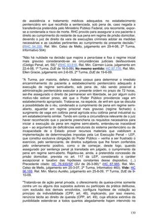de assistência e tratamento médicos adequados no estabelecimento
penitenciário em que recolhida a sentenciada, sob pena de, caso negada a
transferência pretendida pelo Ministério Público Federal, ora recorrente, expor-
se a condenada a risco de morte. RHC provido para assegurar a ora paciente o
direito ao cumprimento do restante de sua pena em regime de prisão domiciliar,
devendo o juiz de direito da vara de execuções criminais adotar as medidas
necessárias e as cautelas pertinentes ao cumprimento da presente decisão.”
(RHC 94.358, Rel. Min. Celso de Mello, julgamento em 29-4-08, 2ª Turma,
Informativo 504)

"Não há nulidade na decisão que majora a pena-base e fixa o regime inicial
mais gravoso considerando-se as circunstâncias judiciais desfavoráveis
(Código Penal, art. 59)." (RHC 93.818, Rel. Min. Cármen Lúcia, julgamento em
22-4-08, 1ª Turma, DJE de 16-5-09). No mesmo sentido: HC 97.776, Rel. Min.
Ellen Gracie, julgamento em 2-6-09, 2ª Turma, DJE de 19-6-09.

"A Turma, por maioria, deferiu habeas corpus para determinar o imediato
encaminhamento do paciente a estabelecimento penitenciário adequado à
execução de regime semi-aberto, sob pena de, não sendo possível à
administração penitenciária executar a presente ordem no prazo de 72 horas,
ser-lhe assegurado o direito de permanecer em liberdade, se por algum outro
motivo não estiver preso, até que o Poder Público providencie vaga em
estabelecimento apropriado. Tratava-se, na espécie, de writ em que se discutia
a possibilidade de o réu, condenado a cumprimento de pena em regime semi-
aberto, aguardar em regime prisional mais gravoso (regime fechado) o
surgimento de vaga em colônia penal agrícola e/ou colônia penal industrial ou
em estabelecimento similar. Tendo em conta a circunstância relevante de o juiz
haver reconhecido que o paciente preencheria os requisitos necessários para
iniciar a execução da pena em regime semi-aberto, entendeu-se inaceitável
que – ao argumento de deficiências estruturais do sistema penitenciário ou de
incapacidade de o Estado prover recursos materiais que viabilizem a
implementação de determinações impostas pela Lei Execução Penal – LEP,
que constitui exclusiva obrigação do Poder Público – venha a ser frustrado o
exercício, pelo sentenciante, de direitos subjetivos que lhe foram conferidos
pelo ordenamento positivo, como o de começar, desde logo, quando
assegurado por sentença penal já transitada em julgado, o cumprimento da
pena em regime semi-aberto. Rejeitou-se, ainda, a pretendida concessão de
prisão domiciliar, prevista no art. 117 da LEP, considerado o caráter
excepcional e taxativo das hipóteses constantes desse dispositivo. (...)
Precedente citado: HC 76.930/SP (DJ de 26-3-99)." (HC 87.985, Rel. Min.
Celso de Mello, julgamento em 20-3-07, 2ª Turma, Informativo 460). Vide: HC
96.169, Rel. Min. Marco Aurélio, julgamento em 25-8-09, 1ª Turma, DJE de 9-
10-09.

"Tratando-se de ação penal privada, o oferecimento de queixa-crime somente
contra um ou alguns dos supostos autores ou partícipes da prática delituosa,
com exclusão dos demais envolvidos, configura hipótese de violação ao
princípio da indivisibilidade (CPP, art. 48), implicando, por isso mesmo,
renúncia tácita ao direito de querela (CPP, art. 49), cuja eficácia extintiva da
punibilidade estende-se a todos quantos alegadamente hajam intervindo no


                                                                            130
 