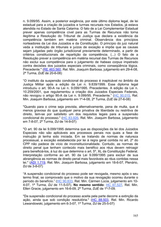 n. 9.099/95. Assim, a posterior exigência, por este último diploma legal, de lei
estadual para a criação de juizados e turmas recursais nos Estados, já estava
atendida no Estado de Santa Catarina. O fato de a Lei Complementar Estadual
prever apenas competência cível para as Turmas de Recursos não torna
ilegítima a Resolução do Tribunal de Justiça que declara a existência da
competência também em matéria criminal. Observância dos princípios
norteadores da Lei dos Juizados e da Constituição. O princípio do juiz natural
veda a instituição de tribunais e juízos de exceção e impõe que as causas
sejam julgadas pelo órgão jurisdicional previamente determinado, a partir de
critérios constitucionais de repartição da competência. (...) O fato de a
Resolução prever a competência em matéria recursal das Turmas de Recursos
não exclui sua competência para o julgamento de habeas corpus impetrado
contra decisões dos juizados especiais criminais, como conseqüência lógica.
Precedente." (RE 463.560, Rel. Min. Joaquim Barbosa, julgamento em 29-4-08,
2ª Turma, DJE de 20-6-08)

“O instituto da suspensão condicional do processo é inaplicável no âmbito da
Justiça Militar após a edição da Lei n. 9.839/1999. Esse diploma legal
introduziu o art. 90-A na Lei n. 9.099/1995. Precedentes. A edição da Lei n.
10.259/2001, que regulamentou a criação dos Juizados Especiais Federais,
não revogou o artigo 90-A da Lei n. 9.099/95. Precedente.” (HC 90.015, Rel.
Min. Joaquim Barbosa, julgamento em 1º-4-08, 2ª Turma, DJE de 27-6-08)

"Quando para o crime seja prevista, alternativamente, pena de multa, que é
menos gravosa do que qualquer pena privativa de liberdade ou restritiva de
direito, tem-se por satisfeito um dos requisitos legais para a suspensão
condicional do processo." (HC 83.926, Rel. Min. Joaquim Barbosa, julgamento
em 7-8-07, 2ª Turma, DJ de 14-9-07)

"O art. 90 da lei 9.099/1995 determina que as disposições da lei dos Juizados
Especiais não são aplicáveis aos processos penais nos quais a fase de
instrução já tenha sido iniciada. Em se tratando de normas de natureza
processual, a exceção estabelecida por lei à regra geral contida no art. 2º do
CPP não padece de vício de inconstitucionalidade. Contudo, as normas de
direito penal que tenham conteúdo mais benéfico aos réus devem retroagir
para beneficiá-los, à luz do que determina o art. 5º, XL da Constituição Federal.
Interpretação conforme ao art. 90 da Lei 9.099/1995 para excluir de sua
abrangência as normas de direito penal mais favoráveis ao réus contidas nessa
lei." (ADI 1.719, Rel. Min. Joaquim Barbosa, julgamento em 18-6-07, Plenário,
DJ de 3-8-07)

“A suspensão condicional do processo pode ser revogada, mesmo após o seu
termo final, se comprovado que o motivo da sua revogação ocorreu durante o
período do benefício.” (HC 90.833, Rel. Min. Cármen Lúcia, julgamento em 10-
4-07, 1ª Turma, DJ de 11-5-07). No mesmo sentido: HC 97.527, Rel. Min.
Ellen Gracie, julgamento em 16-6-09, 2ª Turma, DJE de 1º-7-09.

"Da suspensão condicional do processo aceita pela parte decorre a extinção da
ação, ainda que sob condição resolutória." (HC 88.503, Rel. Min. Ricardo
Lewandowski, julgamento em 6-3-07, 1ª Turma, DJ de 25-5-07)


                                                                             165
 