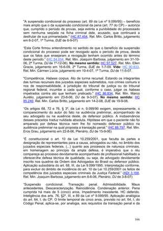 "A suspensão condicional do processo (art. 89 da Lei nº 9.099/95) – benefício
mais amplo que o da suspensão condicional da pena (art. 77 do CP) – autoriza
que, cumprido o período de provas, seja extinta a punibilidade do processado
sem nenhuma seqüela na ficha criminal dele, acusado, que continuará a
desfrutar de sua primariedade." (HC 87.454, Rel. Min. Carlos Britto, julgamento
em 6-2-07, 1ª Turma, DJE de 6-9-07)

“Esta Corte firmou entendimento no sentido de que o benefício da suspensão
condicional do processo pode ser revogado após o período de prova, desde
que os fatos que ensejaram a revogação tenham ocorrido antes do término
deste período.” (HC 84.654, Rel. Min. Joaquim Barbosa, julgamento em 31-10-
06, 2ª Turma, DJ de 1º-12-06). No mesmo sentido: HC 97.527, Rel. Min. Ellen
Gracie, julgamento em 16-6-09, 2ª Turma, DJE de 1-7-09. Vide: HC 90.833,
Rel. Min. Cármen Lúcia, julgamento em 10-4-07, 1ª Turma, DJ de 11-5-07.

"Competência. Habeas corpus. Ato de turma recursal. Estando os integrantes
das turmas recursais dos juizados especiais submetidos, nos crimes comuns e
nos de responsabilidade, à jurisdição do tribunal de justiça ou do tribunal
regional federal, incumbe a cada qual, conforme o caso, julgar os habeas
impetrados contra ato que tenham praticado." (HC 86.834, Rel. Min. Marco
Aurélio, julgamento em 23-8-06, DJ de 9-3-07). No mesmo sentido: HC
85.240, Rel. Min. Carlos Britto, julgamento em 14-2-08, DJE de 19-9-08.

“Os artigos 68, 72 e 76, § 3º, da Lei n. 9.099/90 exigem, expressamente, o
comparecimento do autor do fato na audiência preliminar, acompanhado de
seu advogado ou na ausência deste, de defensor público. A inobservância
desses preceitos traduz nulidade absoluta. Hipótese em que o paciente não foi
amparado por defesa técnica nem lhe foi nomeado defensor público na
audiência preliminar na qual proposta a transação penal.” (HC 88.797, Rel. Min.
Eros Grau, julgamento em 22-8-06, Plenário, DJ de 15-9-06)

“É constitucional o art. 10 da Lei 10.259/2001, que faculta às partes a
designação de representantes para a causa, advogados ou não, no âmbito dos
juizados especiais federais. (...) quanto aos processos de natureza criminais,
em homenagem ao princípio da ampla defesa, é imperativo que o réu
compareça ao processo devidamente acompanhado de profissional habilitado a
oferecer-lhe defesa técnica de qualidade, ou seja, de advogado devidamente
inscrito nos quadros da Ordem dos Advogados do Brasil ou defensor público.
Aplicação subsidiária do art. 68, III, da Lei 9.099/1995. Interpretação conforme,
para excluir do âmbito de incidência do art. 10 da Lei 10.259/2001 os feitos de
competência dos juizados especiais criminais da Justiça Federal.” (ADI 3.168,
Rel. Min. Joaquim Barbosa, julgamento em 8-6-06, Plenário, DJ de 3-8-07)

“Suspensão       condicional.   Transação      penal.    Admissibilidade.   Maus
antecedentes. Descaracterização. Reincidência. Condenação anterior. Pena
cumprida há mais de 5 (cinco) anos. Impedimento inexistente. HC deferido.
Inteligência dos arts. 76, §2º, III, e 89 da Lei nº 9.099/95. Aplicação analógica
do art. 64, I, do CP. O limite temporal de cinco anos, previsto no art. 64, I, do
Código Penal, aplica-se, por analogia, aos requisitos da transação penal e da



                                                                             166
 