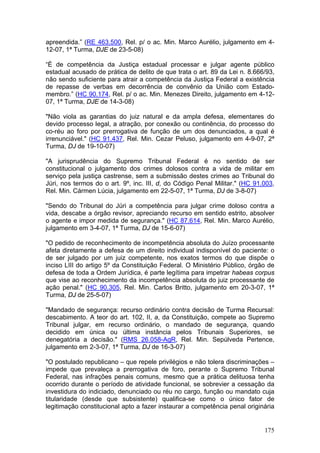 apreendida.” (RE 463.500, Rel. p/ o ac. Min. Marco Aurélio, julgamento em 4-
12-07, 1ª Turma, DJE de 23-5-08)

“É de competência da Justiça estadual processar e julgar agente público
estadual acusado de prática de delito de que trata o art. 89 da Lei n. 8.666/93,
não sendo suficiente para atrair a competência da Justiça Federal a existência
de repasse de verbas em decorrência de convênio da União com Estado-
membro.” (HC 90.174, Rel. p/ o ac. Min. Menezes Direito, julgamento em 4-12-
07, 1ª Turma, DJE de 14-3-08)

"Não viola as garantias do juiz natural e da ampla defesa, elementares do
devido processo legal, a atração, por conexão ou continência, do processo do
co-réu ao foro por prerrogativa de função de um dos denunciados, a qual é
irrenunciável." (HC 91.437, Rel. Min. Cezar Peluso, julgamento em 4-9-07, 2ª
Turma, DJ de 19-10-07)

"A jurisprudência do Supremo Tribunal Federal é no sentido de ser
constitucional o julgamento dos crimes dolosos contra a vida de militar em
serviço pela justiça castrense, sem a submissão destes crimes ao Tribunal do
Júri, nos termos do o art. 9º, inc. III, d, do Código Penal Militar." (HC 91.003,
Rel. Min. Cármen Lúcia, julgamento em 22-5-07, 1ª Turma, DJ de 3-8-07)

"Sendo do Tribunal do Júri a competência para julgar crime doloso contra a
vida, descabe a órgão revisor, apreciando recurso em sentido estrito, absolver
o agente e impor medida de segurança." (HC 87.614, Rel. Min. Marco Aurélio,
julgamento em 3-4-07, 1ª Turma, DJ de 15-6-07)

"O pedido de reconhecimento de incompetência absoluta do Juízo processante
afeta diretamente a defesa de um direito individual indisponível do paciente: o
de ser julgado por um juiz competente, nos exatos termos do que dispõe o
inciso LIII do artigo 5º da Constituição Federal. O Ministério Público, órgão de
defesa de toda a Ordem Jurídica, é parte legítima para impetrar habeas corpus
que vise ao reconhecimento da incompetência absoluta do juiz processante de
ação penal." (HC 90.305, Rel. Min. Carlos Britto, julgamento em 20-3-07, 1ª
Turma, DJ de 25-5-07)

"Mandado de segurança: recurso ordinário contra decisão de Turma Recursal:
descabimento. A teor do art. 102, II, a, da Constituição, compete ao Supremo
Tribunal julgar, em recurso ordinário, o mandado de segurança, quando
decidido em única ou última instância pelos Tribunais Superiores, se
denegatória a decisão." (RMS 26.058-AgR, Rel. Min. Sepúlveda Pertence,
julgamento em 2-3-07, 1ª Turma, DJ de 16-3-07)

"O postulado republicano – que repele privilégios e não tolera discriminações –
impede que prevaleça a prerrogativa de foro, perante o Supremo Tribunal
Federal, nas infrações penais comuns, mesmo que a prática delituosa tenha
ocorrido durante o período de atividade funcional, se sobrevier a cessação da
investidura do indiciado, denunciado ou réu no cargo, função ou mandato cuja
titularidade (desde que subsistente) qualifica-se como o único fator de
legitimação constitucional apto a fazer instaurar a competência penal originária


                                                                             175
 