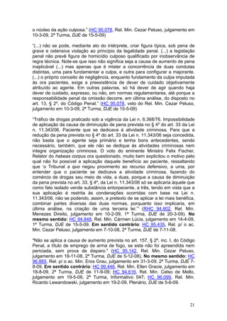 o núcleo da ação culposa.” (HC 95.078, Rel. Min. Cezar Peluso, julgamento em
10-3-09, 2ª Turma, DJE de 15-5-09)

“(...) não se pode, mediante ato do intérprete, criar figura típica, sob pena de
grave e ostensiva violação ao princípio da legalidade penal. (...) a legislação
penal não prevê figura de homicídio culposo qualificado por inobservância de
regra técnica. Note-se que isso não significa seja a causa de aumento de pena
inaplicável (...) mas apenas que é mister a concorrência de duas condutas
distintas, uma para fundamentar a culpa, e outra para configurar a majorante.
(...) o próprio conceito de negligência, enquanto fundamento da culpa imputada
às ora pacientes, exige a preexistência de dever de cuidado objetivamente
atribuído ao agente. Em outras palavras, só há dever de agir quando haja
dever de cuidado, expresso, ou não, em normas regulamentares, até porque a
responsabilidade penal da omissão decorre, em última análise, do disposto no
art. 13, § 2º, do Código Penal.” (HC 95.078, voto do Rel. Min. Cezar Peluso,
julgamento em 10-3-09, 2ª Turma, DJE de 15-5-09)

“Tráfico de drogas praticado sob a vigência da Lei n. 6.368/76. Impossibilidade
de aplicação da causa de diminuição de pena prevista no § 4º do art. 33 da Lei
n. 11.343/06. Paciente que se dedicava à atividade criminosa. Para que a
redução da pena prevista no § 4º do art. 33 da Lei n. 11.343/06 seja concedida,
não basta que o agente seja primário e tenha bons antecedentes, sendo
necessário, também, que ele não se dedique às atividades criminosas nem
integre organização criminosa. O voto do eminente Ministro Felix Fischer,
Relator do habeas corpus ora questionado, muito bem explicitou o motivo pelo
qual não foi possível a aplicação daquele benefício ao paciente, ressaltando
que ‘o Tribunal a quo negou provimento ao recurso defensivo, a uma, por
entender que o paciente se dedicava a atividade criminosa, fazendo do
comércio de drogas seu meio de vida, a duas, porque a causa de diminuição
da pena prevista no art. 33, § 4º, da Lei n. 11.343/06 só se aplicaria àquele que
como fato isolado vende substância entorpecente, a três, tendo em vista que a
sua aplicação é restrita às condenações ocorridas com base na Lei n.
11.343/06, não se podendo, assim, a pretexto de se aplicar a lei mais benéfica,
combinar partes diversas das duas normas, porquanto isso implicaria, em
última análise, na criação de uma terceira lei.’” (RHC 94.802, Rel. Min.
Menezes Direito, julgamento em 10-2-09, 1ª Turma, DJE de 20-3-09). No
mesmo sentido: HC 94.848, Rel. Min. Cármen Lúcia, julgamento em 14-4-09,
1ª Turma, DJE de 15-5-09. Em sentido contrário: HC 95.435, Rel. p/ o ac.
Min. Cezar Peluso, julgamento em 7-10-08, 2ª Turma, DJE de 7-11-08.

"Não se aplica a causa de aumento prevista no art. 157, § 2º, inc. I, do Código
Penal, a título de emprego de arma de fogo, se esta não foi apreendida nem
periciada, sem prova de disparo." (HC 95.142, Rel. Min. Cezar Peluso,
julgamento em 18-11-08, 2ª Turma, DJE de 5-12-08). No mesmo sentido: HC
96.865, Rel. p/ o ac. Min. Eros Grau, julgamento em 31-3-09, 2ª Turma, DJE 7-
8-09. Em sentido contrário: HC 99.446, Rel. Min. Ellen Gracie, julgamento em
18-8-09, 2ª Turma, DJE de 11-9-09; HC 94.616, Rel. Min. Celso de Mello,
julgamento em 19-5-09, 2ª Turma, Informativo 547; HC 96.099, Rel. Min.
Ricardo Lewandowski, julgamento em 19-2-09, Plenário, DJE de 5-6-09.



                                                                              21
 