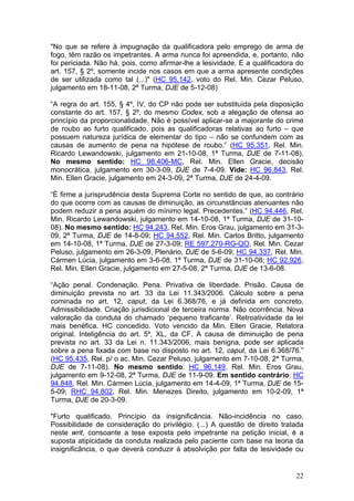"No que se refere à impugnação da qualificadora pelo emprego de arma de
fogo, têm razão os impetrantes. A arma nunca foi apreendida, e, portanto, não
foi periciada. Não há, pois, como afirmar-lhe a lesividade. E a qualificadora do
art. 157, § 2º, somente incide nos casos em que a arma apresente condições
de ser utilizada como tal (...)" (HC 95.142, voto do Rel. Min. Cezar Peluso,
julgamento em 18-11-08, 2ª Turma, DJE de 5-12-08)

“A regra do art. 155, § 4º, IV, do CP não pode ser substituída pela disposição
constante do art. 157, § 2º, do mesmo Codex, sob a alegação de ofensa ao
princípio da proporcionalidade. Não é possível aplicar-se a majorante do crime
de roubo ao furto qualificado, pois as qualificadoras relativas ao furto – que
possuem natureza jurídica de elementar do tipo – não se confundem com as
causas de aumento de pena na hipótese de roubo.” (HC 95.351, Rel. Min.
Ricardo Lewandowski, julgamento em 21-10-08, 1ª Turma, DJE de 7-11-08).
No mesmo sentido: HC 98.406-MC, Rel. Min. Ellen Gracie, decisão
monocrática, julgamento em 30-3-09, DJE de 7-4-09. Vide: HC 96.843, Rel.
Min. Ellen Gracie, julgamento em 24-3-09, 2ª Turma, DJE de 24-4-09.

“É firme a jurisprudência desta Suprema Corte no sentido de que, ao contrário
do que ocorre com as causas de diminuição, as circunstâncias atenuantes não
podem reduzir a pena aquém do mínimo legal. Precedentes.” (HC 94.446, Rel.
Min. Ricardo Lewandowski, julgamento em 14-10-08, 1ª Turma, DJE de 31-10-
08). No mesmo sentido: HC 94.243, Rel. Min. Eros Grau, julgamento em 31-3-
09, 2ª Turma, DJE de 14-8-09; HC 94.552, Rel. Min. Carlos Britto, julgamento
em 14-10-08, 1ª Turma, DJE de 27-3-09; RE 597.270-RG-QO, Rel. Min. Cezar
Peluso, julgamento em 26-3-09, Plenário, DJE de 5-6-09; HC 94.337, Rel. Min.
Cármen Lúcia, julgamento em 3-6-08, 1ª Turma, DJE de 31-10-08; HC 92.926,
Rel. Min. Ellen Gracie, julgamento em 27-5-08, 2ª Turma, DJE de 13-6-08.

“Ação penal. Condenação. Pena. Privativa de liberdade. Prisão. Causa de
diminuição prevista no art. 33 da Lei 11.343/2006. Cálculo sobre a pena
cominada no art. 12, caput, da Lei 6.368/76, e já definida em concreto.
Admissibilidade. Criação jurisdicional de terceira norma. Não ocorrência. Nova
valoração da conduta do chamado ‘pequeno traficante’. Retroatividade da lei
mais benéfica. HC concedido. Voto vencido da Min. Ellen Gracie, Relatora
original. Inteligência do art. 5º, XL, da CF. A causa de diminuição de pena
prevista no art. 33 da Lei n. 11.343/2006, mais benigna, pode ser aplicada
sobre a pena fixada com base no disposto no art. 12, caput, da Lei 6.368/76.”
(HC 95.435, Rel. p/ o ac. Min. Cezar Peluso, julgamento em 7-10-08, 2ª Turma,
DJE de 7-11-08). No mesmo sentido: HC 96.149, Rel. Min. Eros Grau,
julgamento em 9-12-08, 2ª Turma, DJE de 11-9-09. Em sentido contrário: HC
94.848, Rel. Min. Cármen Lúcia, julgamento em 14-4-09, 1ª Turma, DJE de 15-
5-09; RHC 94.802, Rel. Min. Menezes Direito, julgamento em 10-2-09, 1ª
Turma, DJE de 20-3-09.

"Furto qualificado. Princípio da insignificância. Não-incidência no caso.
Possibilidade de consideração do privilégio. (...) A questão de direito tratada
neste writ, consoante a tese exposta pelo impetrante na petição inicial, é a
suposta atipicidade da conduta realizada pelo paciente com base na teoria da
insignificância, o que deverá conduzir à absolvição por falta de lesividade ou


                                                                             22
 