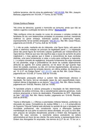 ludibriar terceiros, não há crime de estelionato." (HC 83.526, Rel. Min. Joaquim
Barbosa, julgamento em 16-3-04, 1ª Turma, DJ de 7-5-04)



Crimes Contra a Pessoa

“Há crime de latrocínio, quando o homicídio se consuma, ainda que não se
realize o agente a subtração de bens da vítima.” (Súmula 610)

“Não configura crime de coação no curso do processo o simples contato de
familiares do réu com testemunhas arroladas no processo criminal, inexistindo
violência ou grave ameaça, sobretudo quando a testemunha rejeita,
expressamente, ter-se sentido ameaçada.” (HC 87.711, Rel. Min. Cezar Peluso,
julgamento em 8-9-09, 2ª Turma, DJE de 16-10-09)

“(...) não se pode, mediante ato do intérprete, criar figura típica, sob pena de
grave e ostensiva violação ao princípio da legalidade penal. (...) a legislação
penal não prevê figura de homicídio culposo qualificado por inobservância de
regra técnica. Note-se que isso não significa seja a causa de aumento de pena
inaplicável (...) mas apenas que é mister a concorrência de duas condutas
distintas, uma para fundamentar a culpa, e outra para configurar a majorante.
(...) o próprio conceito de negligência, enquanto fundamento da culpa imputada
às ora pacientes, exige a preexistência de dever de cuidado objetivamente
atribuído ao agente. Em outras palavras, só há dever de agir quando haja
dever de cuidado, expresso, ou não, em normas regulamentares, até porque a
responsabilidade penal da omissão decorre, em última análise, do disposto no
art. 13, § 2º, do Código Penal.” (HC 95.078, voto do Rel. Min. Cezar Peluso,
julgamento em 10-3-09, 2ª Turma, DJE de 15-5-09)

"A difamação pressupõe atribuir a outrem fato determinado ofensivo à
reputação. Na injúria, tem-se veiculação capaz de, sem especificidade maior,
implicar ofensa à dignidade ou ao decoro." (Inq 2.543, Rel. Min. Marco Aurélio,
julgamento em 19-6-08, Plenário, DJE de 7-8-08)

"A tipicidade própria à calúnia pressupõe a imputação de fato determinado,
revelador de prática criminosa, não a caracterizando palavras genéricas, muito
embora alcançando a honra do destinatário. Precedentes do STF. Atipicidade
do fato." (AP 428, Rel. Min. Marco Aurélio, julgamento em 12-6-08, Plenário,
DJE de 28-8-09)

"Injúria e difamação. (...) Ofensa a autoridades militares federais, proferidas na
discussão da causa. Competência da Justiça Militar (...). (...) A jurisprudência
do Supremo Tribunal Federal está alinhada no sentido de que o advogado tem
imunidade profissional, não constituindo injúria e difamação qualquer
manifestação de sua parte no exercício dessa atividade, em juízo ou fora dele,
sem prejuízo de sanções disciplinares perante a Ordem dos Advogados do
Brasil. No caso concreto, o recorrente estava postulando na esfera
administrativa em favor de seu cliente. De outra banda, a representação feita à
Ordem dos Advogados foi arquivada, nos termos do § 2º do art. 73 da Lei n.


                                                                               50
 