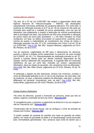 Jurisprudência anterior

"Os arts. 43 e 57 da Lei 5.250/1967 não exigem a degravação oficial pela
Agência Nacional de Telecomunicações – ANATEL das declarações
supostamente criminosas proferidas em programa televisivo. Por outro lado, a
ausência da notificação prevista no § 3º do art. 58 da mesma lei não pode ser
invocada para argüir-se a nulidade da prova apresentada, uma vez que tal
dispositivo visa exatamente a impedir a destruição de indícios eventualmente
úteis à elucidação dos fatos, não podendo ser lido como empecilho à utilização
de outros meios de prova pelo querelante. (...) Os fatos narrados na inicial
configuram, em tese, os delitos enunciados na queixa-crime, existindo prova
mínima da autoria e materialidade do cometimento dos crimes de injúria e
difamação previstos nos arts. 21 e 22, combinados com inciso II do art. 23 da
Lei 5.250/1967." (Inq 2.134, Rel. Min. Joaquim Barbosa, julgamento em 23-3-
06, Plenário, DJ de 2-2-07)

"Lei de imprensa. Legitimidade do MP para o oferecimento da denúncia,
quando a ofensa é dirigida contra parlamentar no exercício de suas funções
(Lei 5.250/67, art. 40, I, b). Desnecessidade da notificação prevista no art. 57,
quando a suposta ofensa pode ser aferida mediante degravação de fita
cassete. Animus difamandi não caracterizado. A sugestão feita em entrevista
radiofônica, de que um certo fato, noticiado por outrem, supostamente
difamatório, deve ser objeto de apuração, não caracteriza crime de difamação."
(Inq 2.040, Rel. Min. Ellen Gracie, julgamento em 27-5-04, Plenário, DJ de 18-
6-04)

"A atribuição a alguém de fato desonroso, embora não criminoso, constitui o
crime de difamação tipificado no art. 21 da Lei de Imprensa. De outro lado, não
se evidencia, no caso, o elemento subjetivo da difamação, vale dizer, o animus
diffamandi vel injuriandi. Inocorrência, pois, do dolo." (Inq 2.032, Rel. Min.
Carlos Britto, julgamento em 29-10-03, Plenário, DJ de 6-2-04)



Crimes Contra o Patrimônio

“Há crime de latrocínio, quando o homicídio se consuma, ainda que não se
realize o agente a subtração de bens da vítima.” (Súmula 610)

“A competência para o processo e julgamento de latrocínio é do juiz singular e
não do Tribunal do Júri.” (Súmula 603)

“Comprovado não ter havido fraude, não se configura o crime de emissão de
cheque sem fundos.” (Súmula 246)

“A prisão cautelar do paciente foi mantida com base na garantia da ordem
pública, em razão da gravidade do delito e do desassossego social provocado
pela ‘criminalidade generalizada’. Ora, cansa-se essa Corte de decidir que a


                                                                              52
 