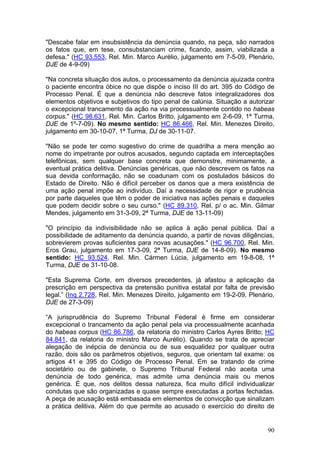 "Descabe falar em insubsistência da denúncia quando, na peça, são narrados
os fatos que, em tese, consubstanciam crime, ficando, assim, viabilizada a
defesa." (HC 93.553, Rel. Min. Marco Aurélio, julgamento em 7-5-09, Plenário,
DJE de 4-9-09)

"Na concreta situação dos autos, o processamento da denúncia ajuizada contra
o paciente encontra óbice no que dispõe o inciso III do art. 395 do Código de
Processo Penal. É que a denúncia não descreve fatos integralizadores dos
elementos objetivos e subjetivos do tipo penal de calúnia. Situação a autorizar
o excepcional trancamento da ação na via processualmente contido no habeas
corpus." (HC 98.631, Rel. Min. Carlos Britto, julgamento em 2-6-09, 1ª Turma,
DJE de 1º-7-09). No mesmo sentido: HC 86.466, Rel. Min. Menezes Direito,
julgamento em 30-10-07, 1ª Turma, DJ de 30-11-07.

"Não se pode ter como sugestivo do crime de quadrilha a mera menção ao
nome do impetrante por outros acusados, segundo captada em interceptações
telefônicas, sem qualquer base concreta que demonstre, minimamente, a
eventual prática delitiva. Denúncias genéricas, que não descrevem os fatos na
sua devida conformação, não se coadunam com os postulados básicos do
Estado de Direito. Não é difícil perceber os danos que a mera existência de
uma ação penal impõe ao indivíduo. Daí a necessidade de rigor e prudência
por parte daqueles que têm o poder de iniciativa nas ações penais e daqueles
que podem decidir sobre o seu curso." (HC 89.310, Rel. p/ o ac. Min. Gilmar
Mendes, julgamento em 31-3-09, 2ª Turma, DJE de 13-11-09)

"O princípio da indivisibilidade não se aplica à ação penal pública. Daí a
possibilidade de aditamento da denúncia quando, a partir de novas diligências,
sobrevierem provas suficientes para novas acusações." (HC 96.700, Rel. Min.
Eros Grau, julgamento em 17-3-09, 2ª Turma, DJE de 14-8-09). No mesmo
sentido: HC 93.524, Rel. Min. Cármen Lúcia, julgamento em 19-8-08, 1ª
Turma, DJE de 31-10-08.

"Esta Suprema Corte, em diversos precedentes, já afastou a aplicação da
prescrição em perspectiva da pretensão punitiva estatal por falta de previsão
legal.” (Inq 2.728, Rel. Min. Menezes Direito, julgamento em 19-2-09, Plenário,
DJE de 27-3-09)

“A jurisprudência do Supremo Tribunal Federal é firme em considerar
excepcional o trancamento da ação penal pela via processualmente acanhada
do habeas corpus (HC 86.786, da relatoria do ministro Carlos Ayres Britto; HC
84.841, da relatoria do ministro Marco Aurélio). Quando se trata de apreciar
alegação de inépcia de denúncia ou de sua esqualidez por qualquer outra
razão, dois são os parâmetros objetivos, seguros, que orientam tal exame: os
artigos 41 e 395 do Código de Processo Penal. Em se tratando de crime
societário ou de gabinete, o Supremo Tribunal Federal não aceita uma
denúncia de todo genérica, mas admite uma denúncia mais ou menos
genérica. É que, nos delitos dessa natureza, fica muito difícil individualizar
condutas que são organizadas e quase sempre executadas a portas fechadas.
A peça de acusação está embasada em elementos de convicção que sinalizam
a prática delitiva. Além do que permite ao acusado o exercício do direito de


                                                                            90
 